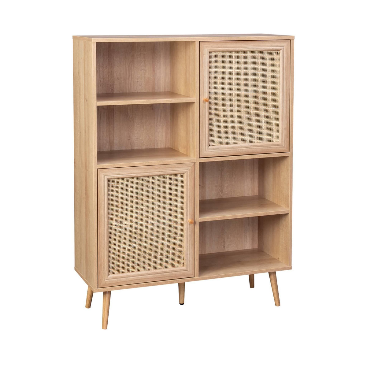 SWEEEK Buffet de rangement cannage et effet bois. buffet haut. vaisselier. 2 portes et 2 étagères style bohème 90cm