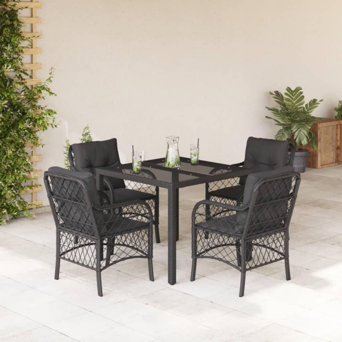VIDAXL Ensemble a manger de jardin coussins 5pcs Noir Resine tressee