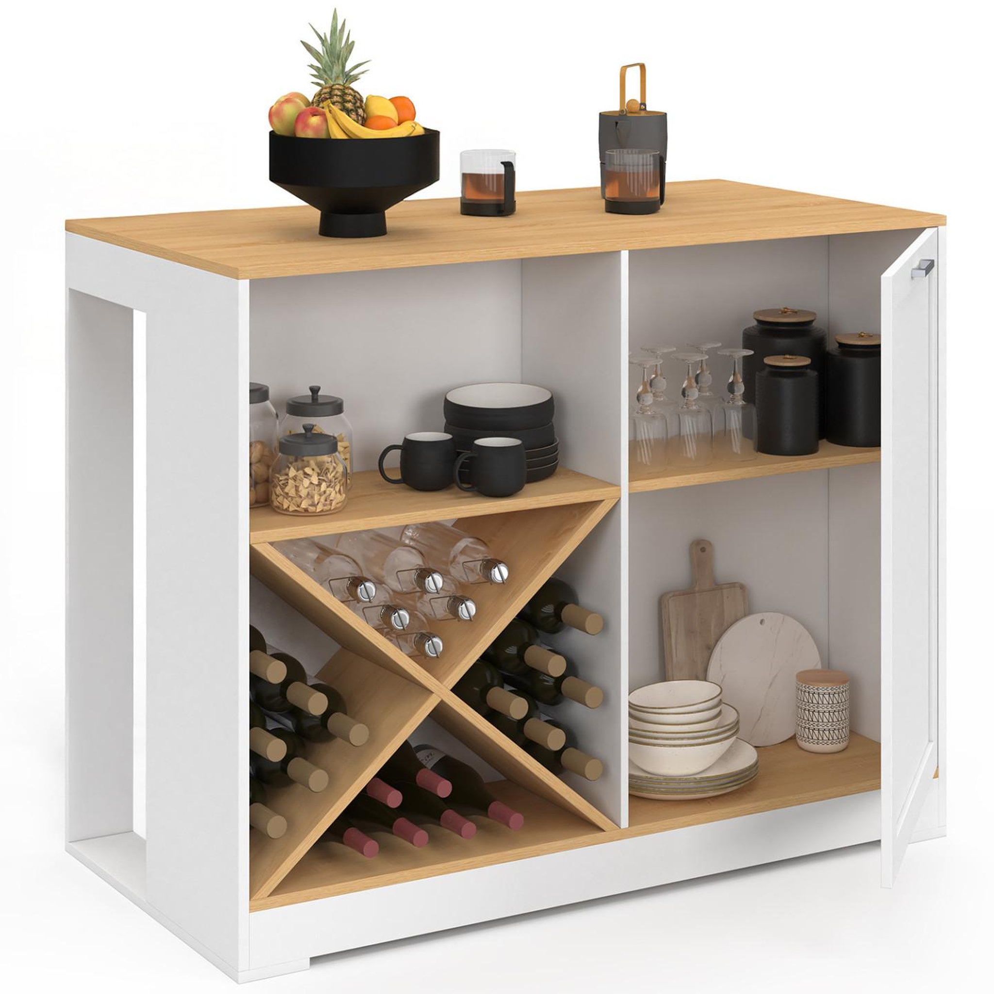 ID MARKET Table de bar îlot VITO 113 cm avec range-bouteilles bois blanc et plateau façon hêtre