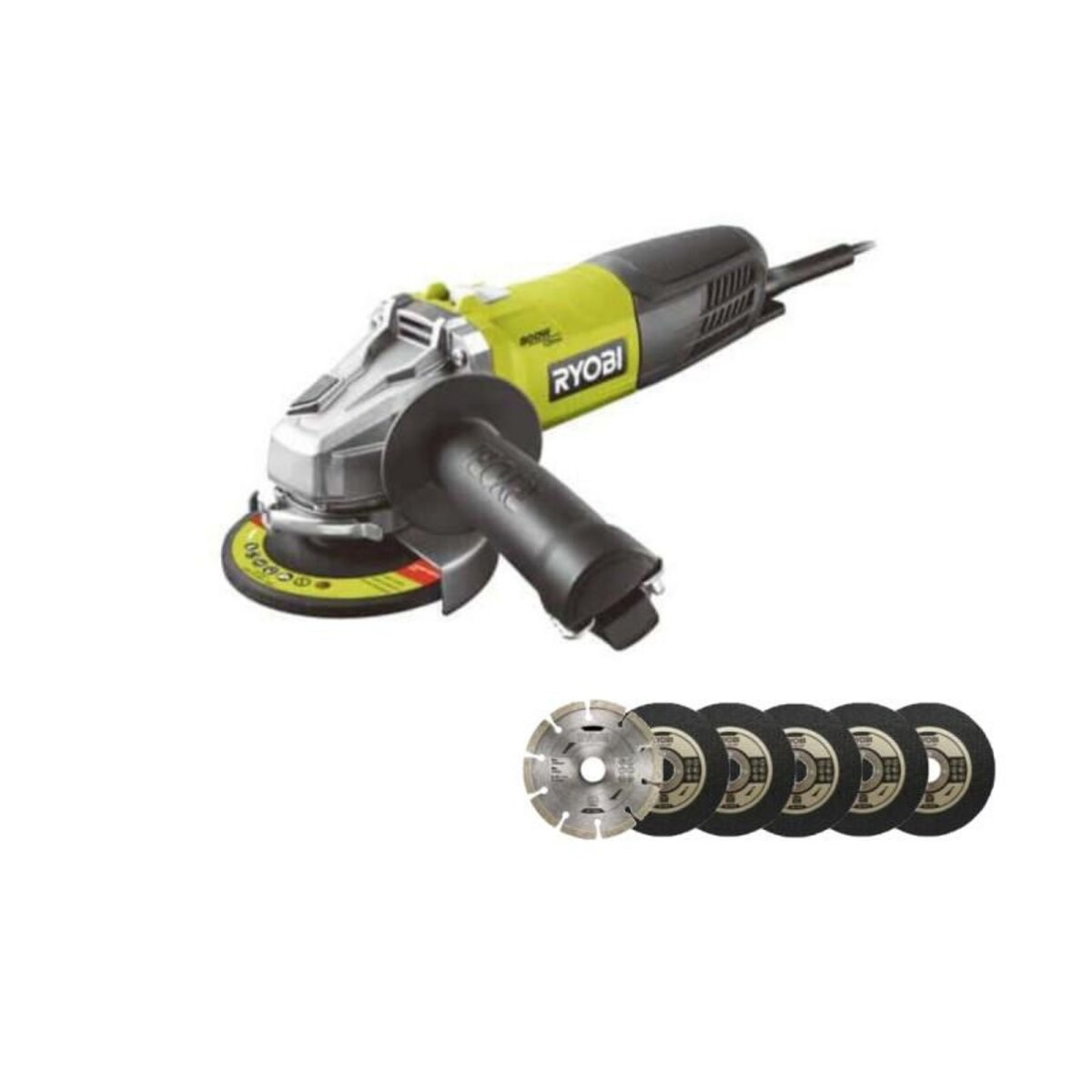 Ryobi Pack RYOBI Meuleuse d'angle 800W - 125mm - RAG800-125G - Kit 6 disques 125 mm
