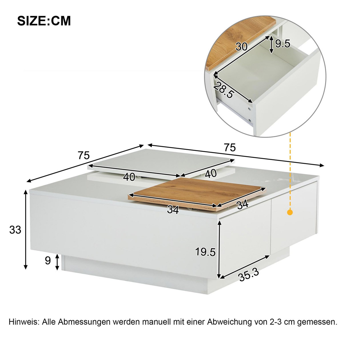 MERAX Table Basse Carrée Avec 4 Tiroirs Et 2 Plateaux Coulissants Blanc