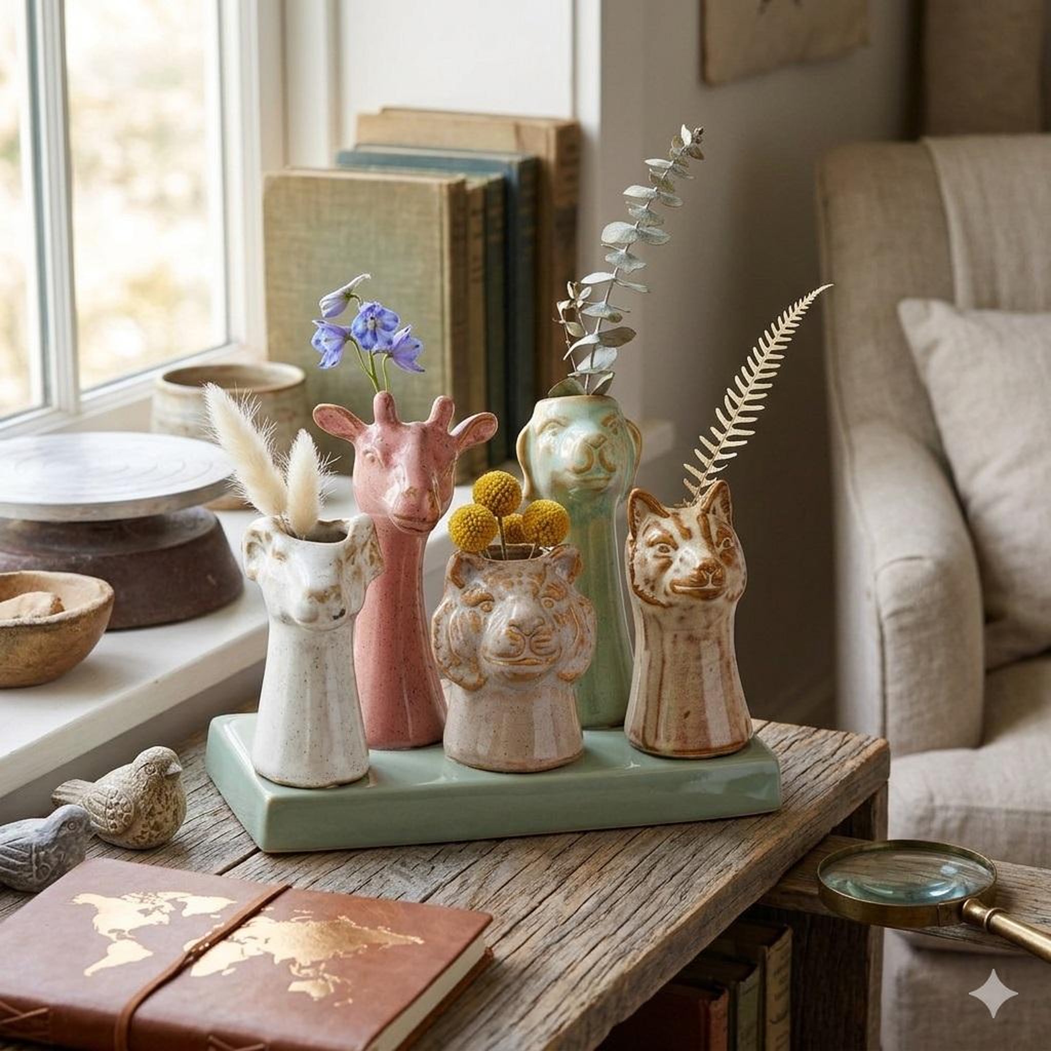 Voir la diapositive 2 : Eden Vase tetes d animaux en faience