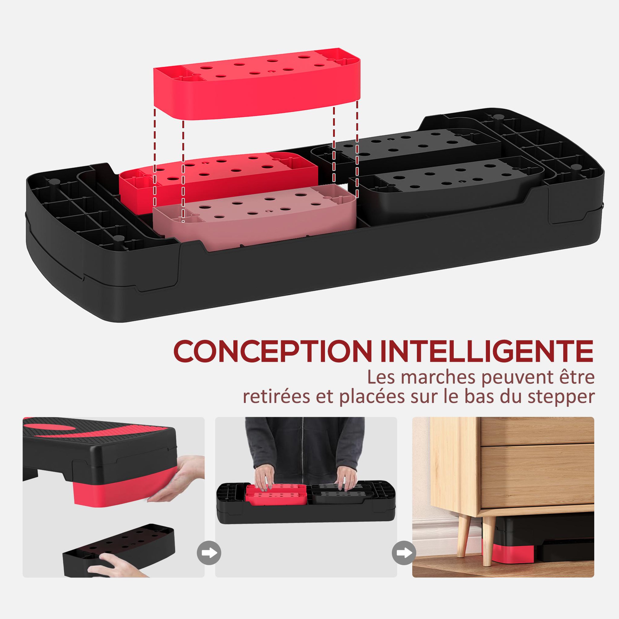 Voir la diapositive 5 : HOMCOM Stepper fitness aérobic hauteur réglable surface antidérapante 80 x 31 x 20 cm noir rouge