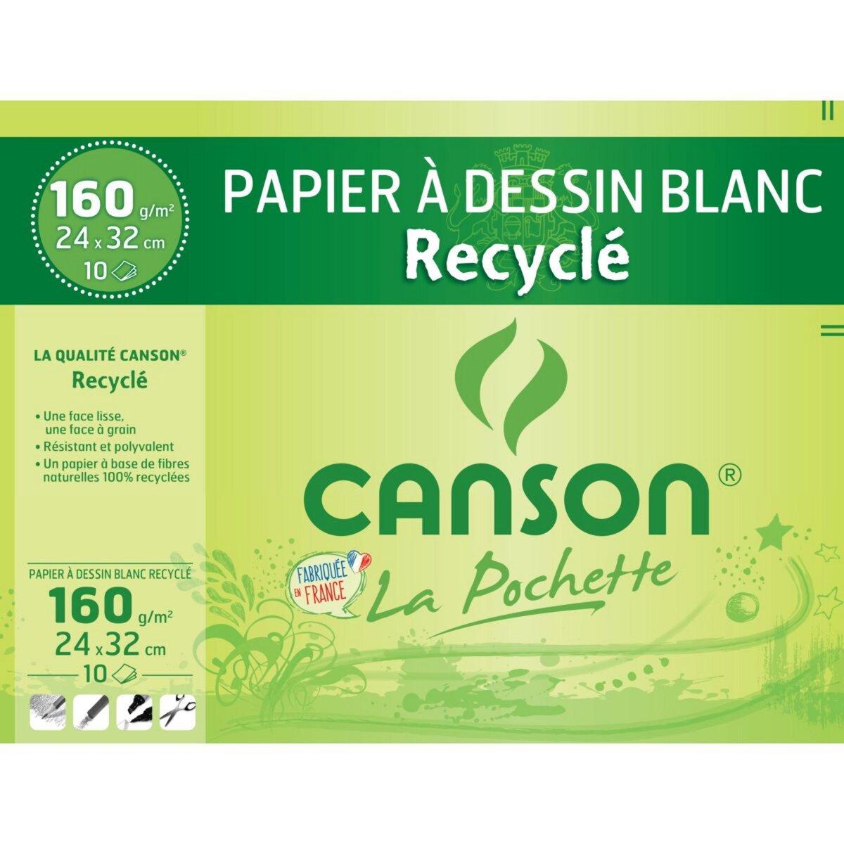 CANSON Pochette de papier à dessin recyclé 10 feuilles 24x32cm 160g/m2 blanc