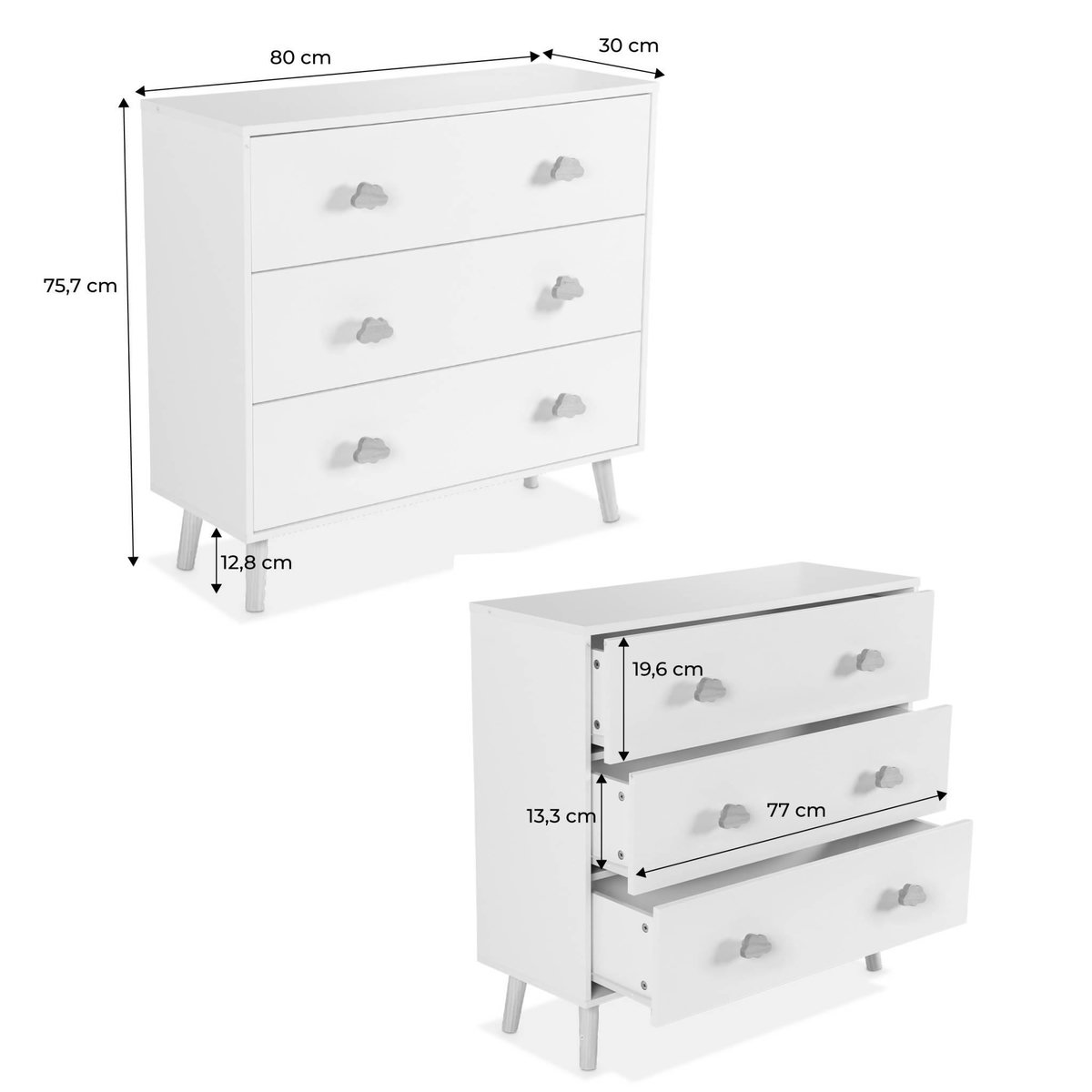 SWEEEK Commode enfant. décor bois. blanc. 3 tiroirs. pieds et poignées nuage en pin