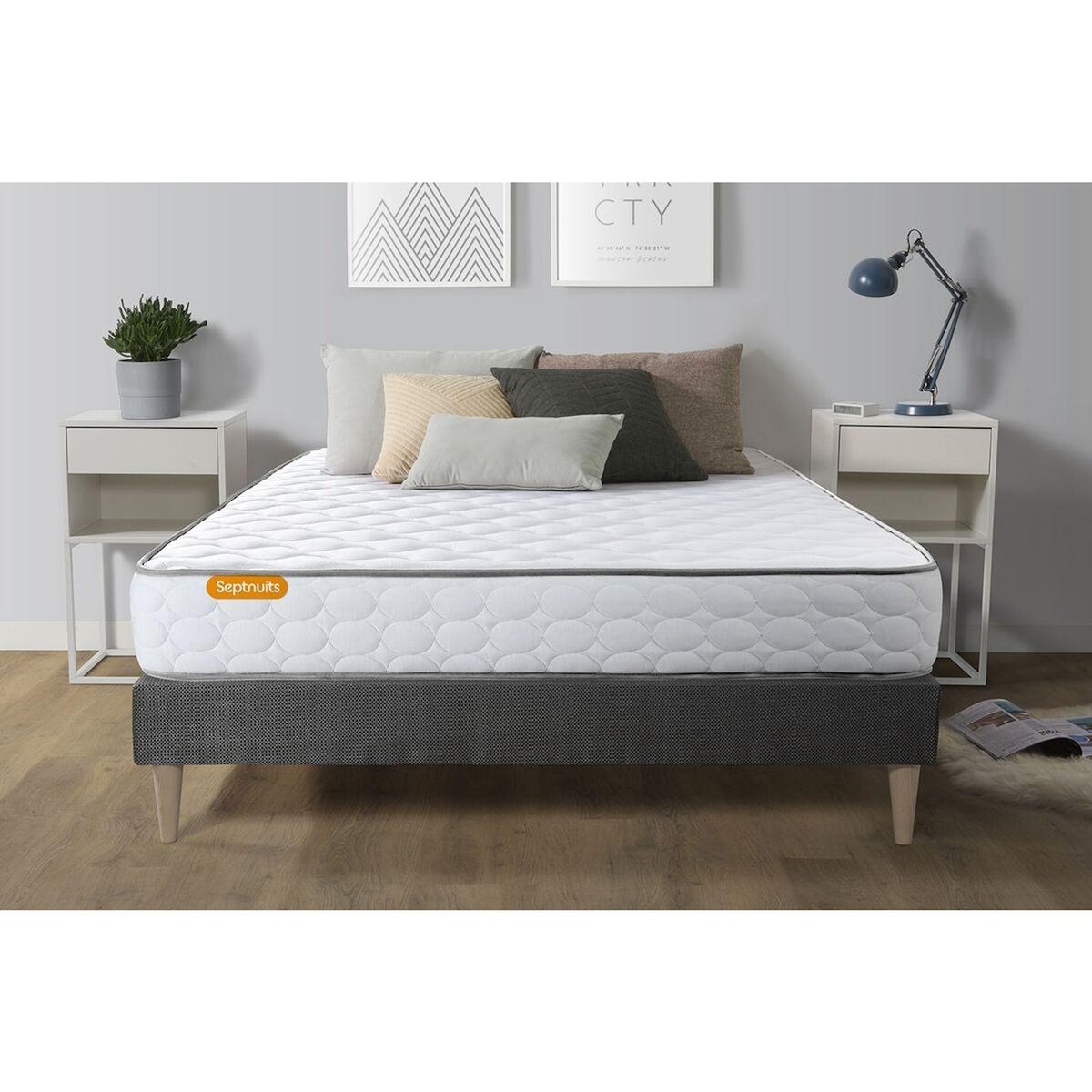 SEPTNUITS Matelas Mémoire de forme + sommier kit gris Memo