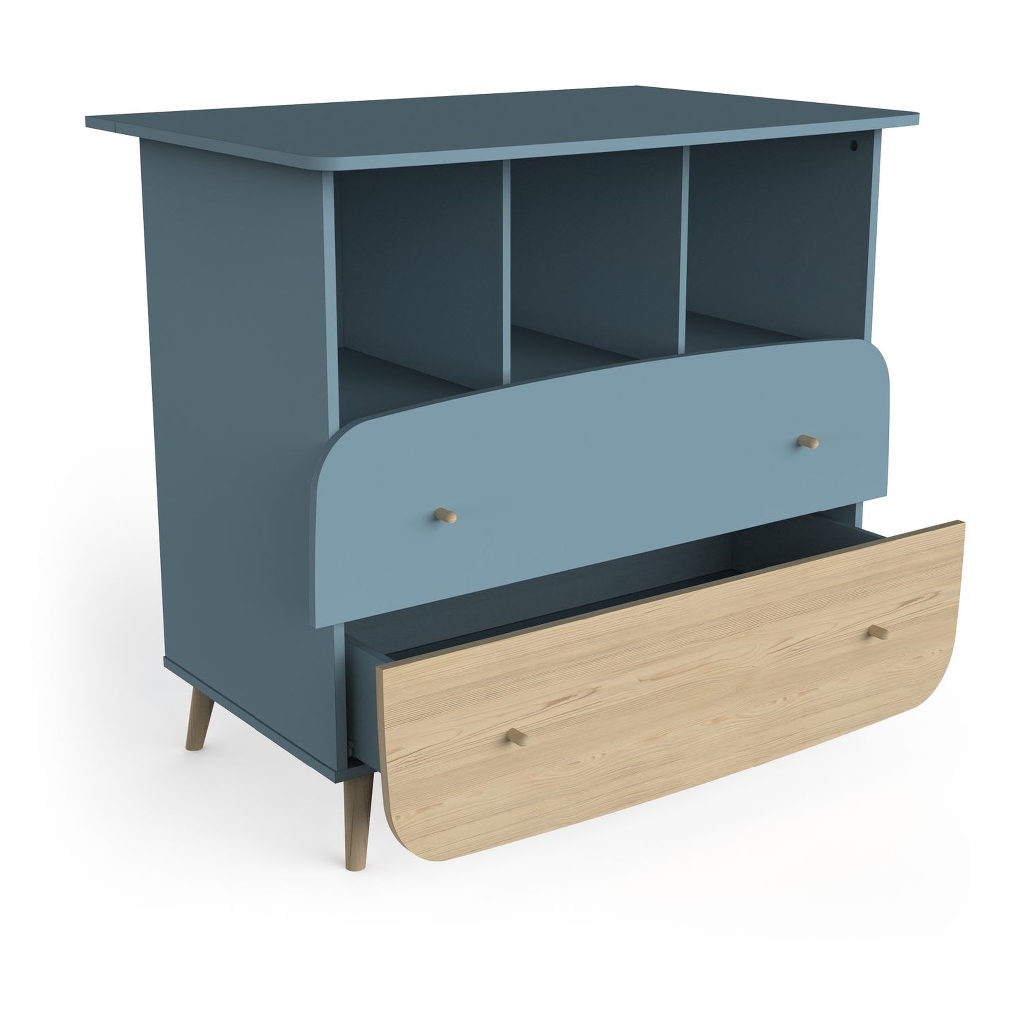 Voir la diapositive 7 : Commode bébé 2 tiroirs 3 niches bleu LINIA 