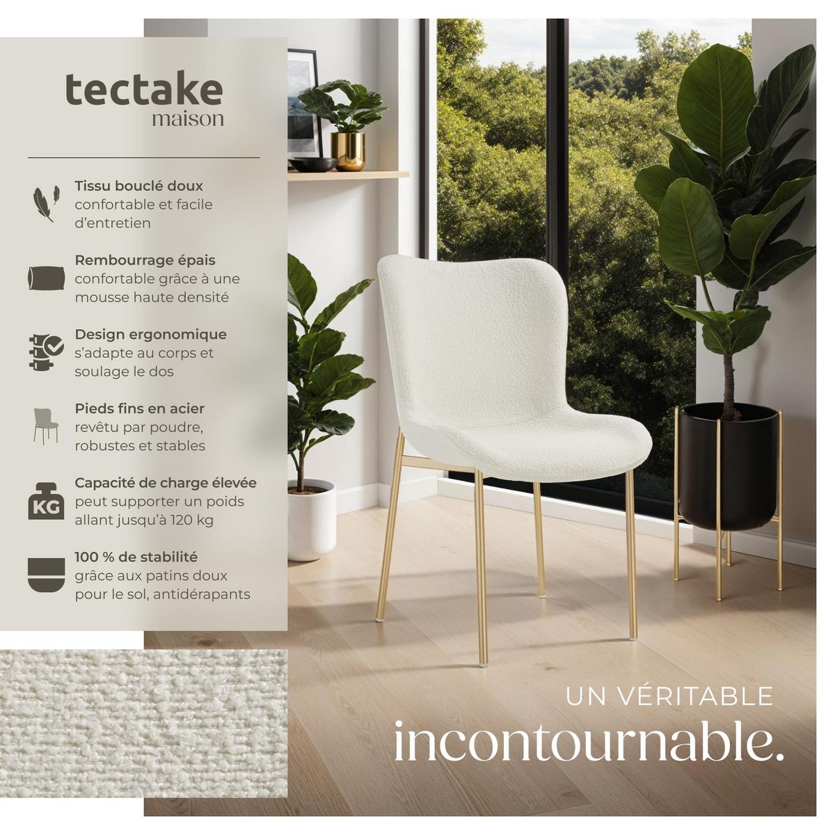 tectake Chaise rembourrée forme ergonomique avec dossier haut Bouclette blanc/doré Lot de 4