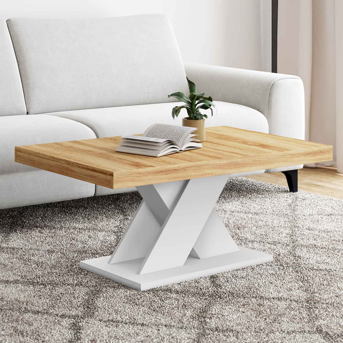 ID MARKET Table basse ALICIA plateau bois et pied X blanc