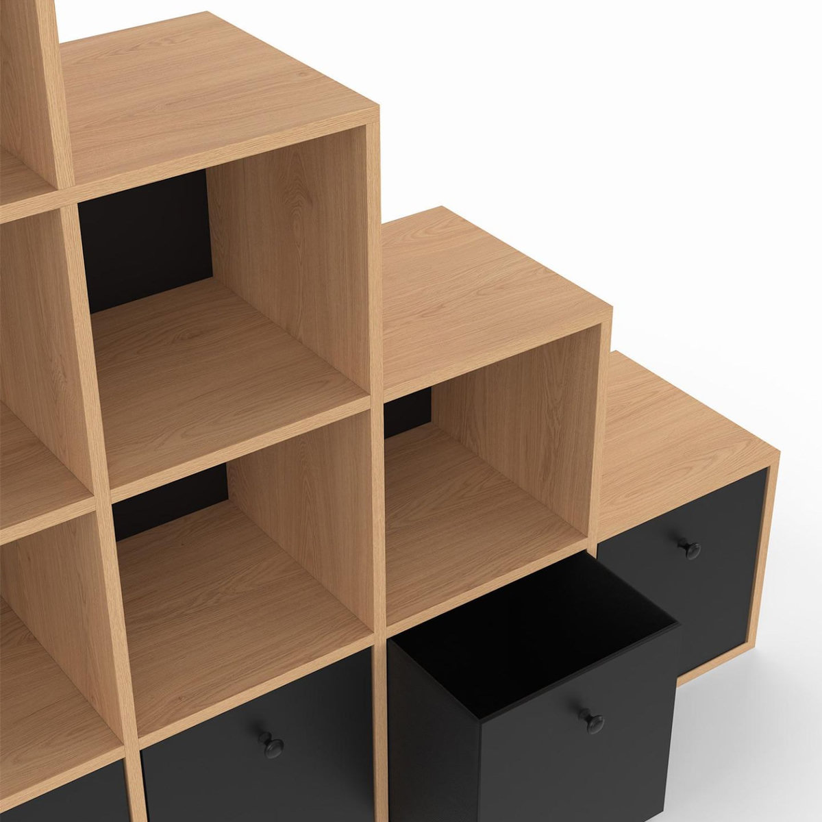 ID MARKET Meuble de rangement en escalier LORYS 4 niveaux bois et noir avec 4 tiroirs en tissu