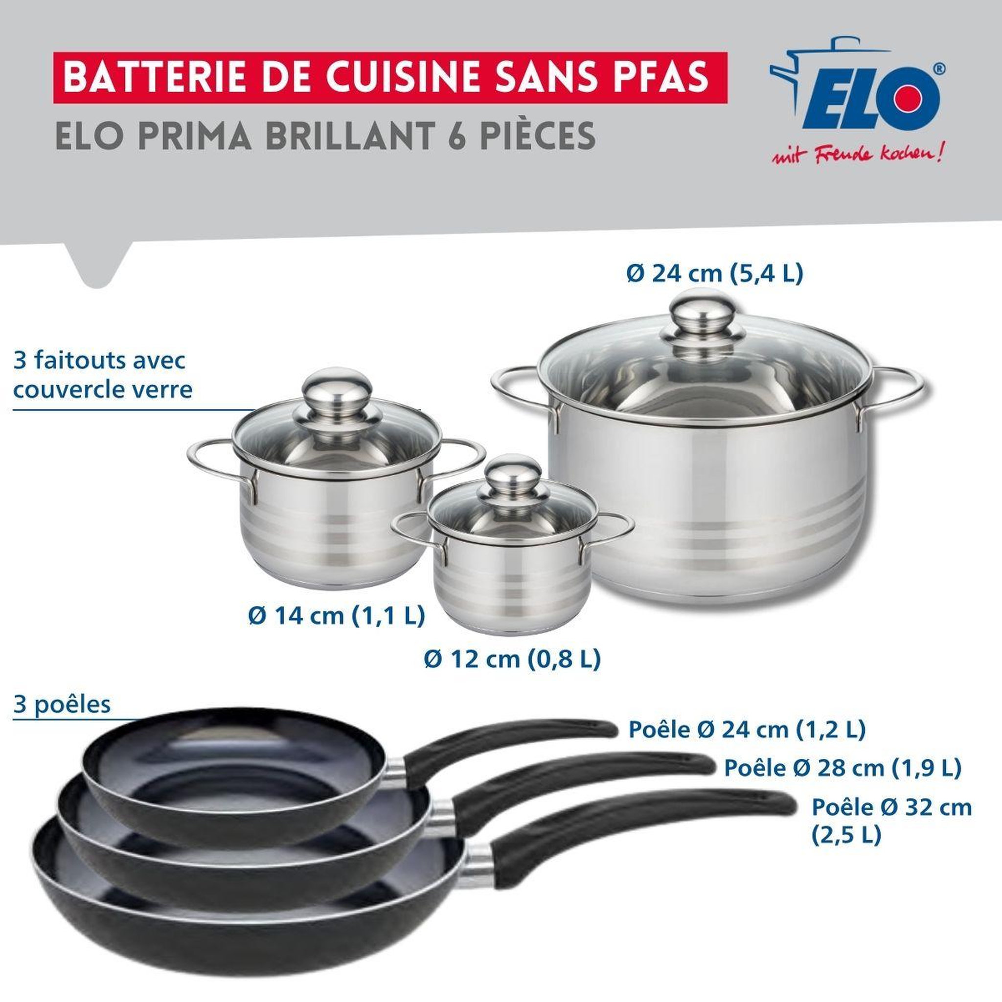 Voir la diapositive 2 : ELO Ensemble de 3 poêles de cuisson 24, 28 et 32 cm et 3 faitouts 12, 14 et 24 cm elo prima brillant