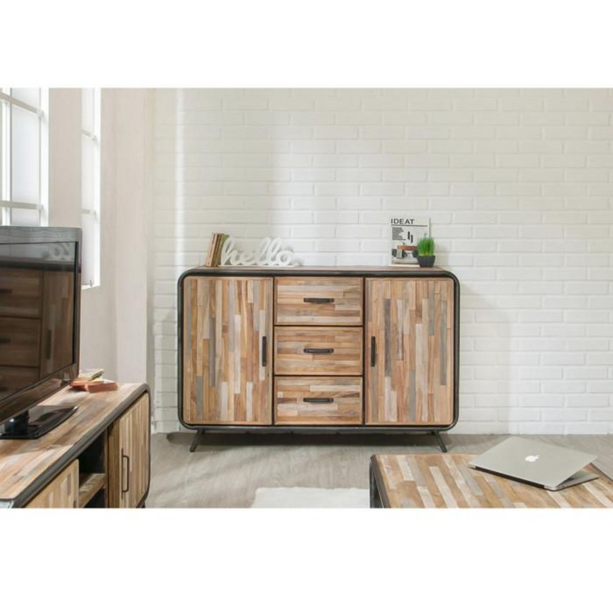 Paris Prix Buffet 2 Portes en Teck Industriel  Fusion  140cm Naturel