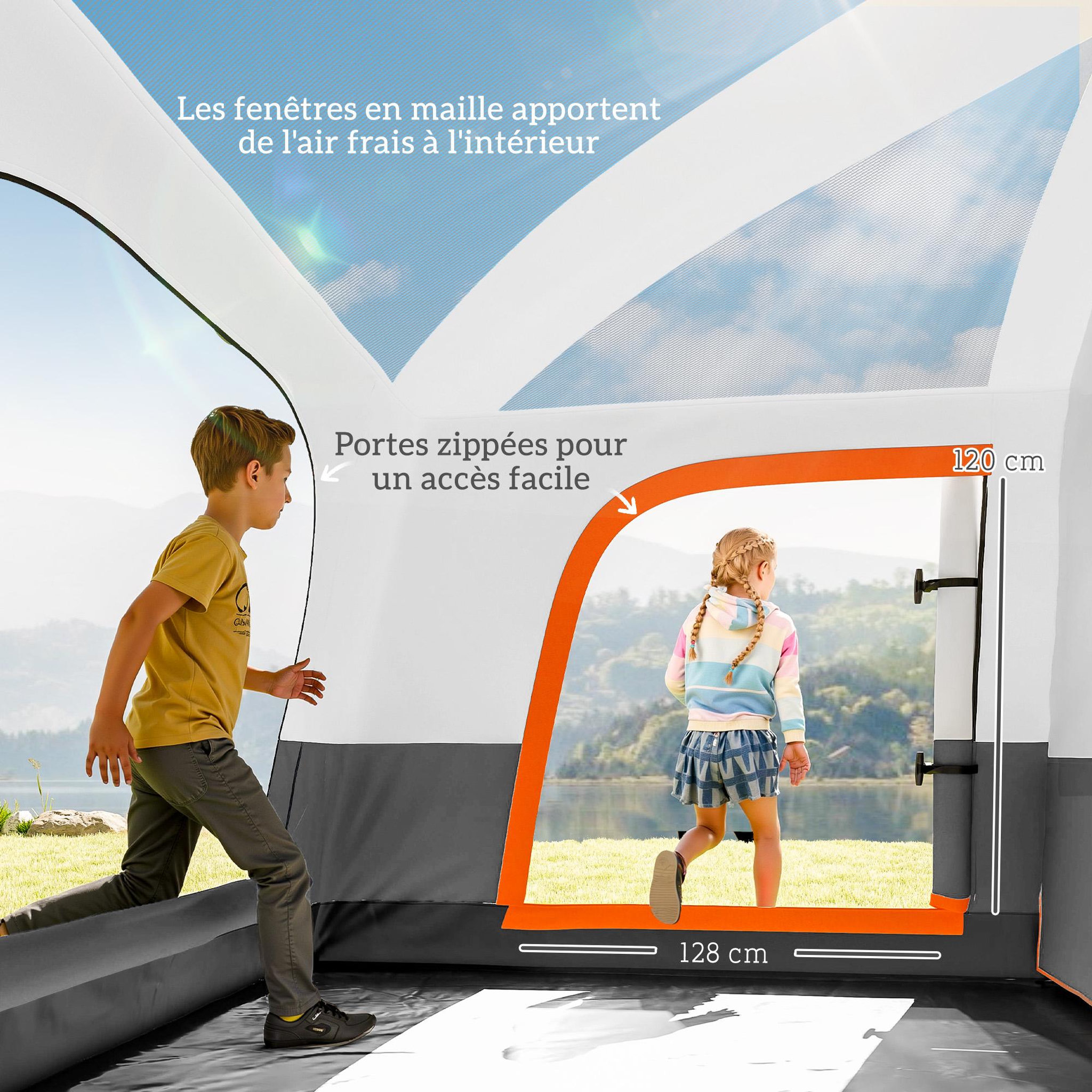 Voir la diapositive 5 : OUTSUNNY Tente de camping familiale 4-5 personnes - portes, fenêtres, sac de transport inclus - dim. 4,3 x 3 x 1,95 m - gris