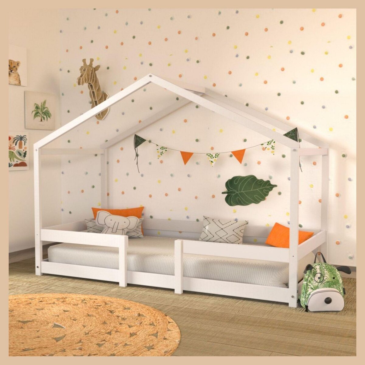 Ensemble Lit cabane 90x190 cm en bois massif avec sommier et barrière de protection FLORIDA + matelas mousse 90x190 cm DIONE