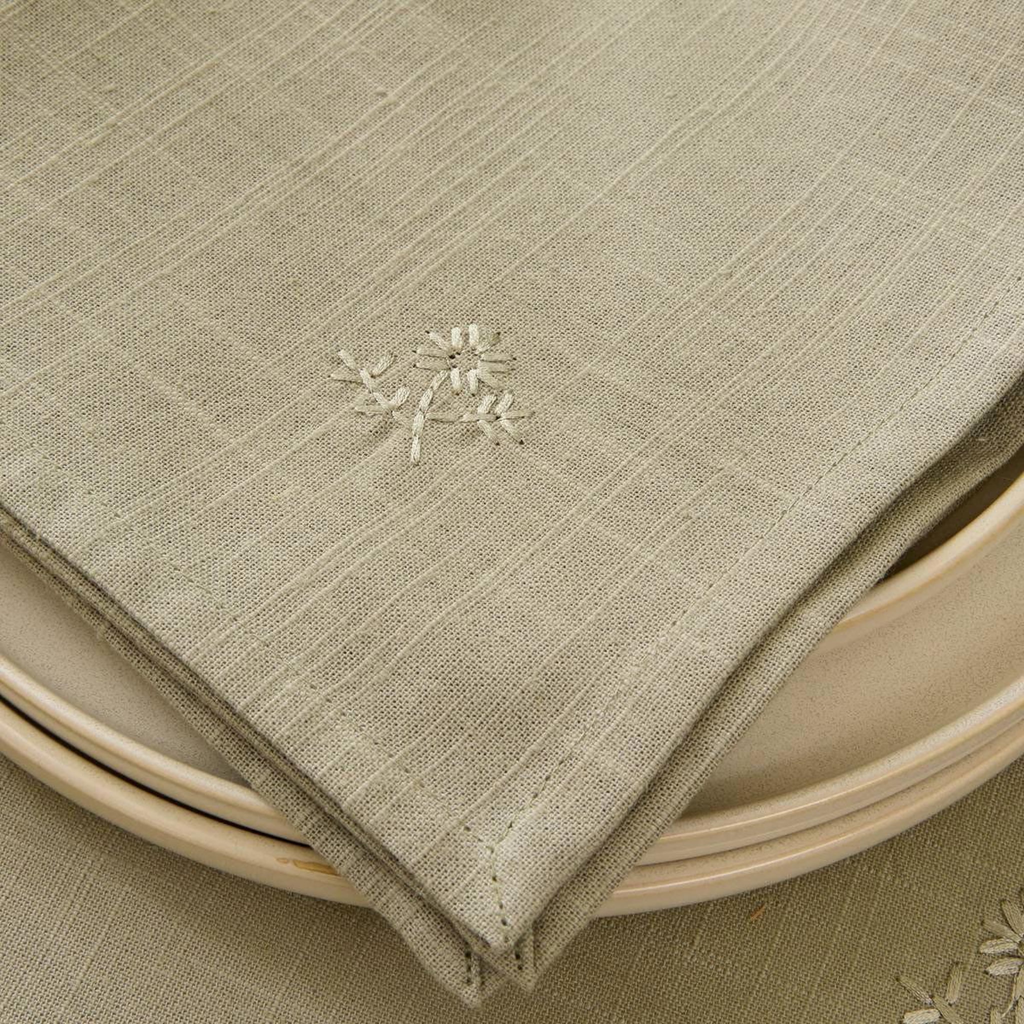 Voir la diapositive 2 : ATMOSPHERA Lot de 4 serviettes de table brodé  joy  40x40cm kaki