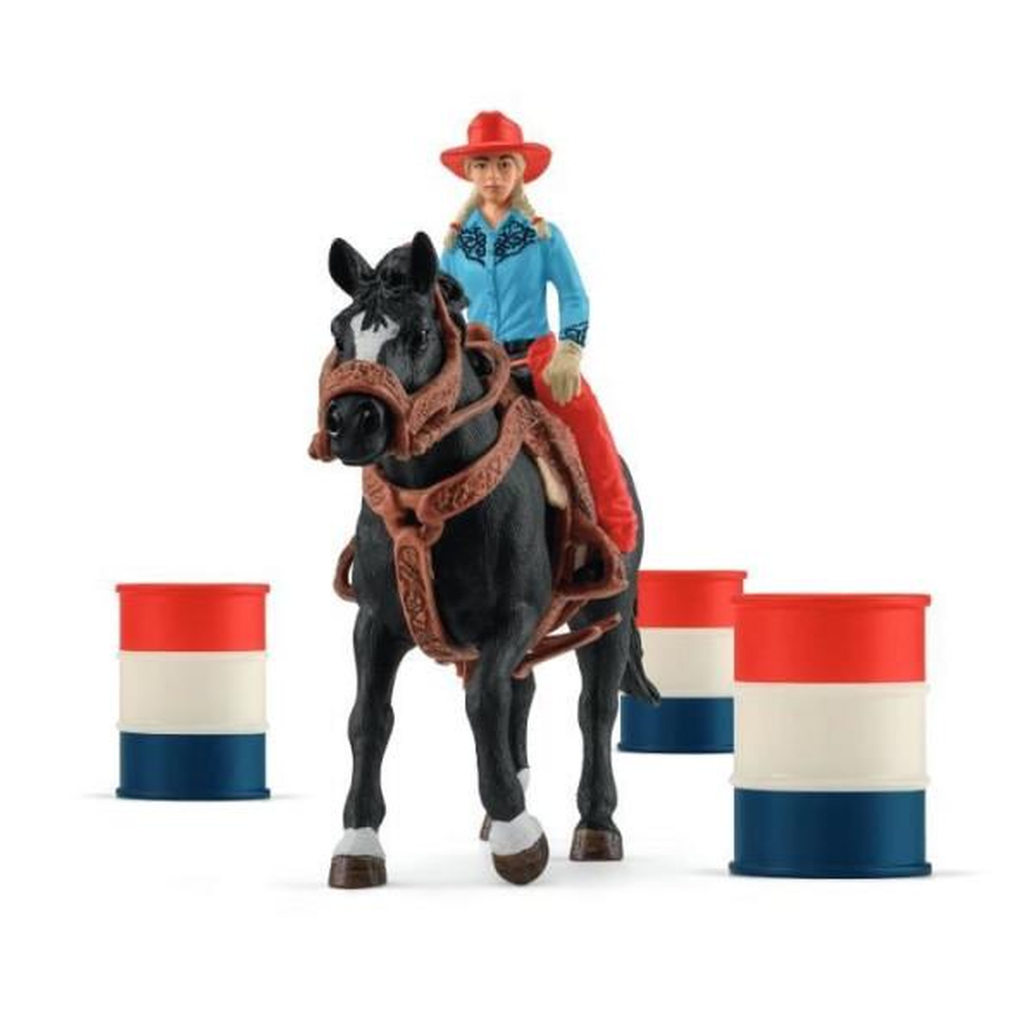 Voir la diapositive 2 : Schleich Figurine Cowgirl et Tonneaux de Racing, avec figurine et cheval, Schleich 42576 Farm World