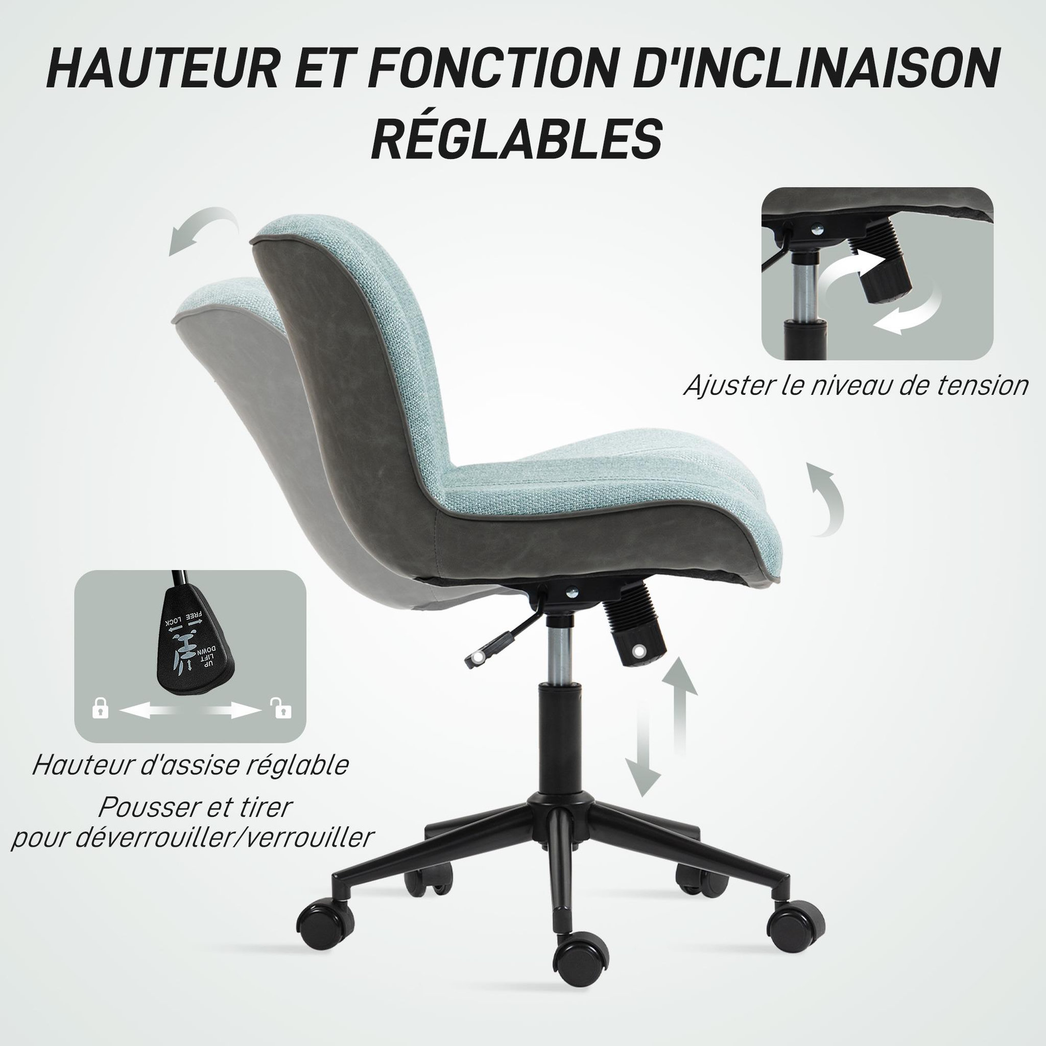 Voir la diapositive 3 : HOMCOM Chaise de bureau tissu grand confort réglable fonction à bascule vert