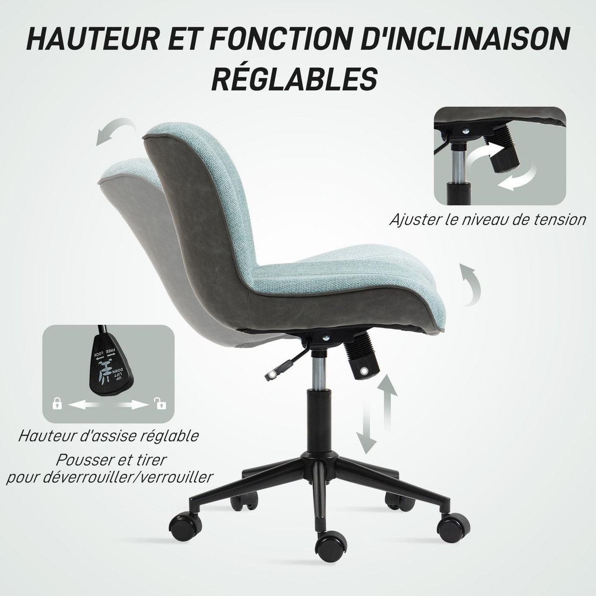 HOMCOM Chaise de bureau tissu grand confort réglable fonction à bascule vert