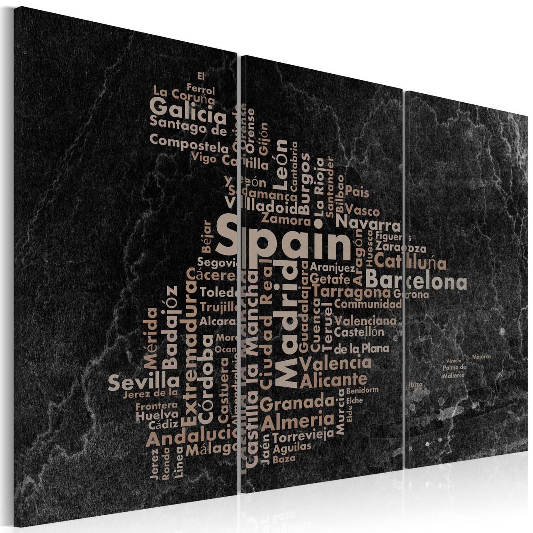 Paris Prix Tableau 3 panneaux  text map of spain on the blackboard. Coloris disponibles : Multicolore
