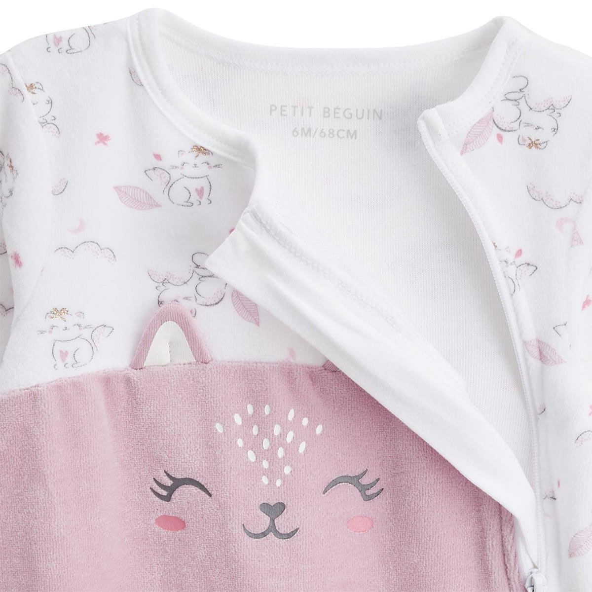 Petit Béguin Pyjama bébé en velours ouverture zippée Miss Chatchatchat