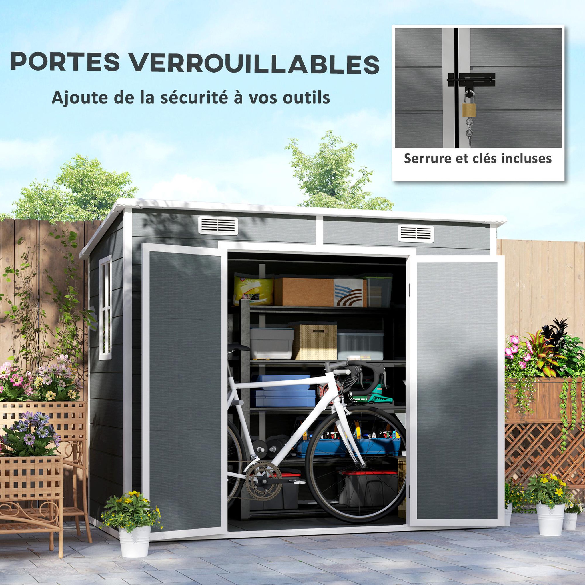 Voir la diapositive 5 : OUTSUNNY Abri de jardin 2,54 m² dim. 2,4 x 1,3 m - fondation incluse - fenêtre, 2 portes, aérations - alu PP gris blanc
