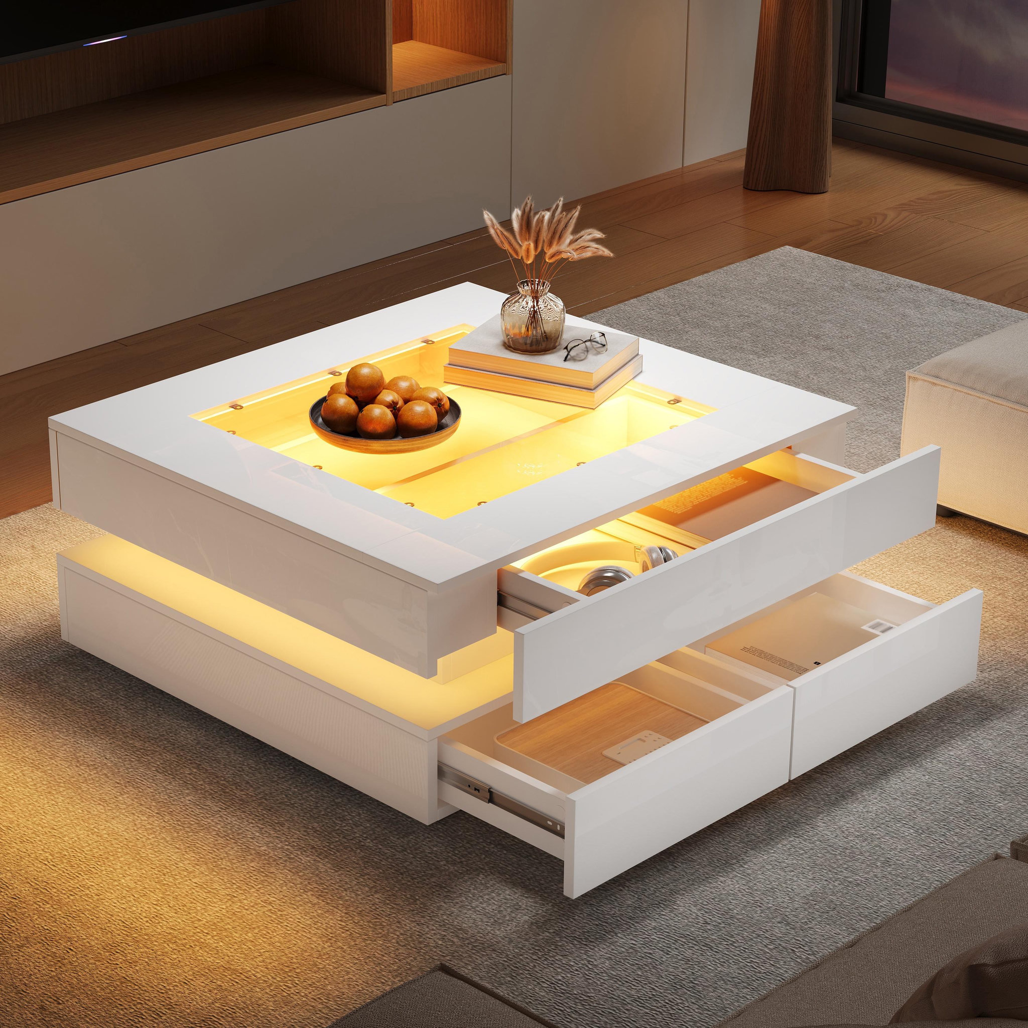 Voir la diapositive 5 : MERAX Table basse carrée blanc avec 3 tiroirs - 70x70 cm led panneau de particules