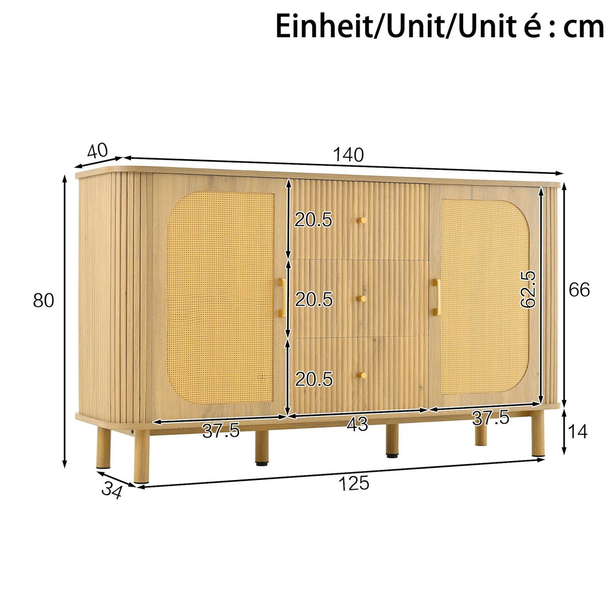 MERAX Buffet 2 porte(s) 3 tiroir(s) - 140 cm naturel mdf