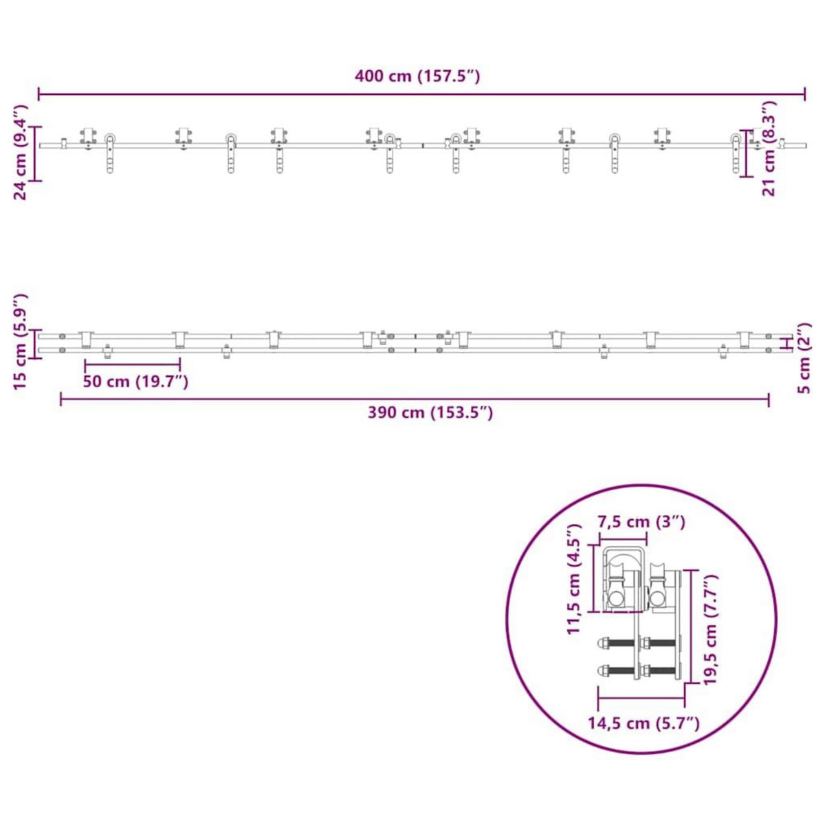 VIDAXL Kit fixation porte coulissante 400 cm Acier inoxydable Argente
