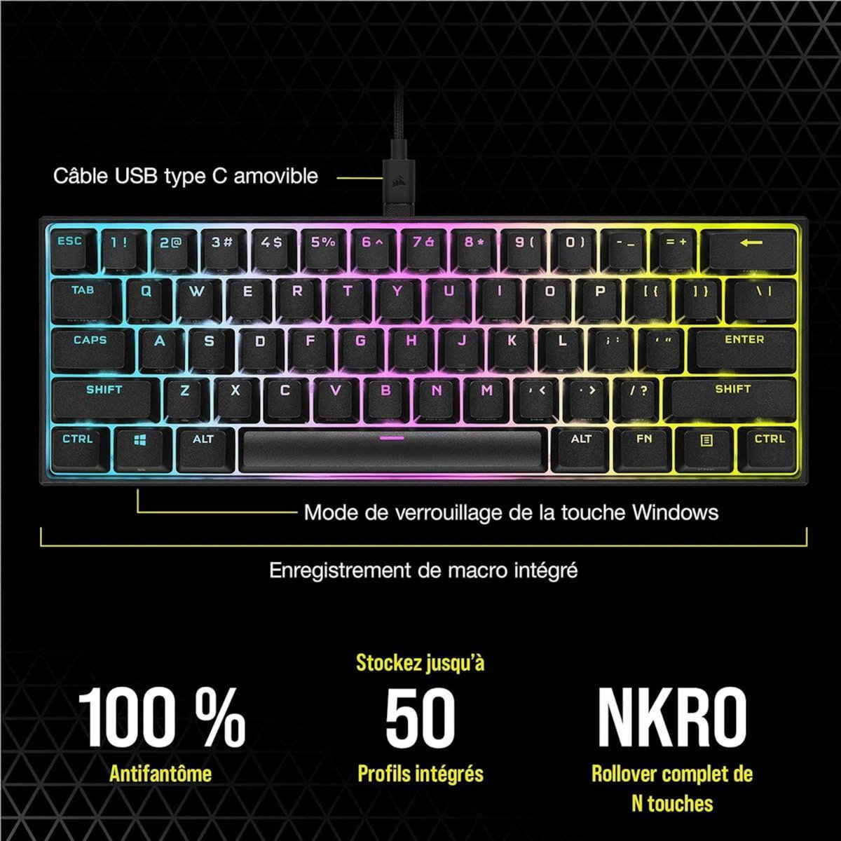 Corsair Clavier gamer K65 RGB MINI CHERRY MX Red Noir