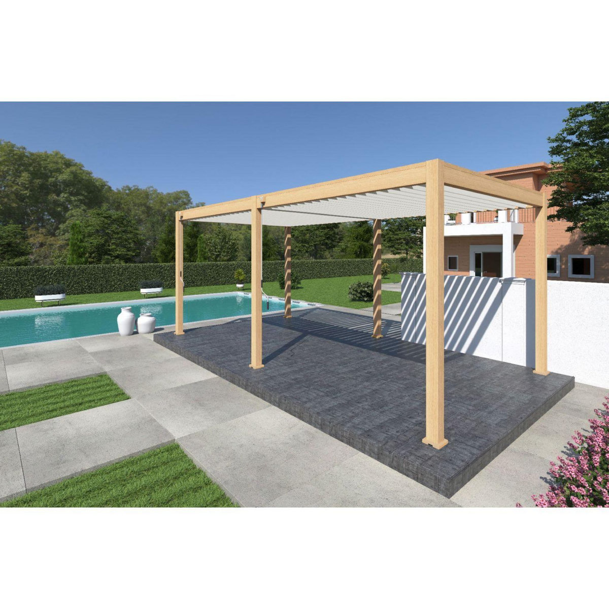 Pergola Bioclimatique autoportée 3x6 m - Aluminium - Effet  bois naturel/blanc -  VS OmBREA®