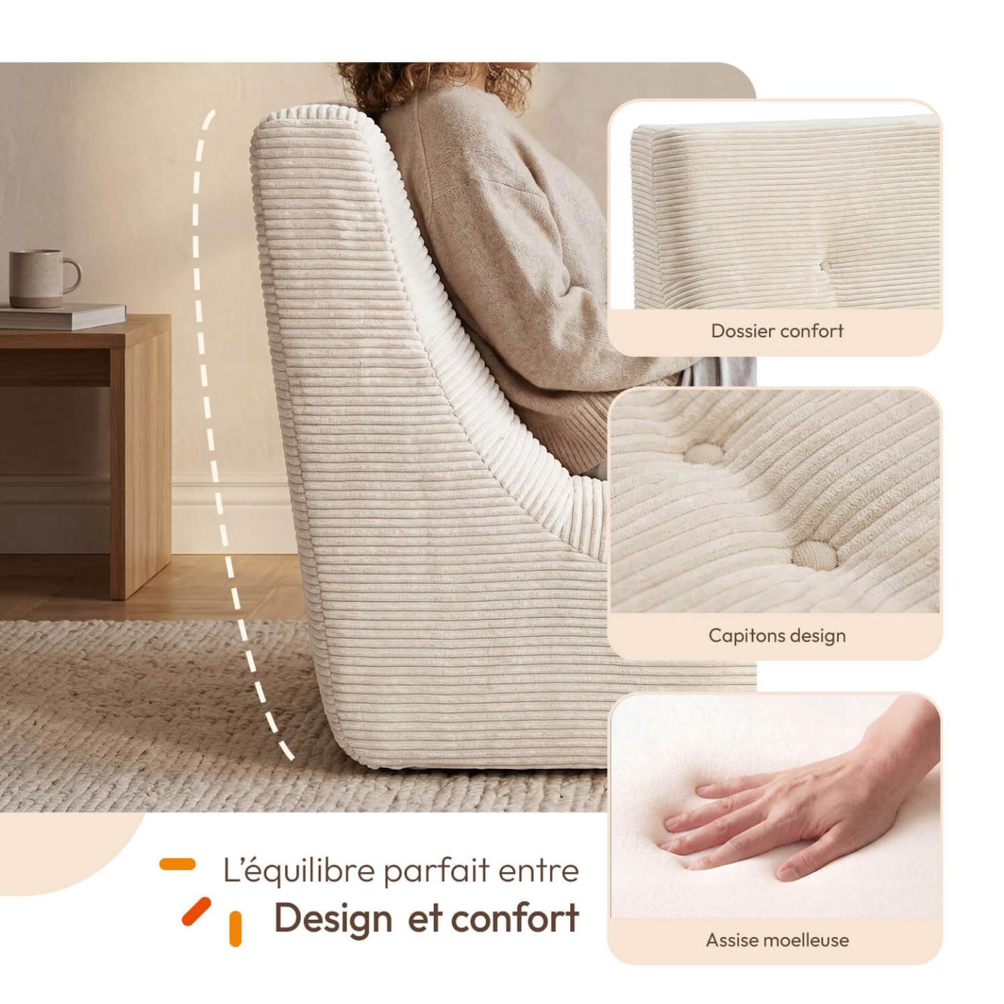 Voir la diapositive 3 : ID MARKET Fauteuil chauffeuse compressé billy modulable 1 place velours côtelé beige
