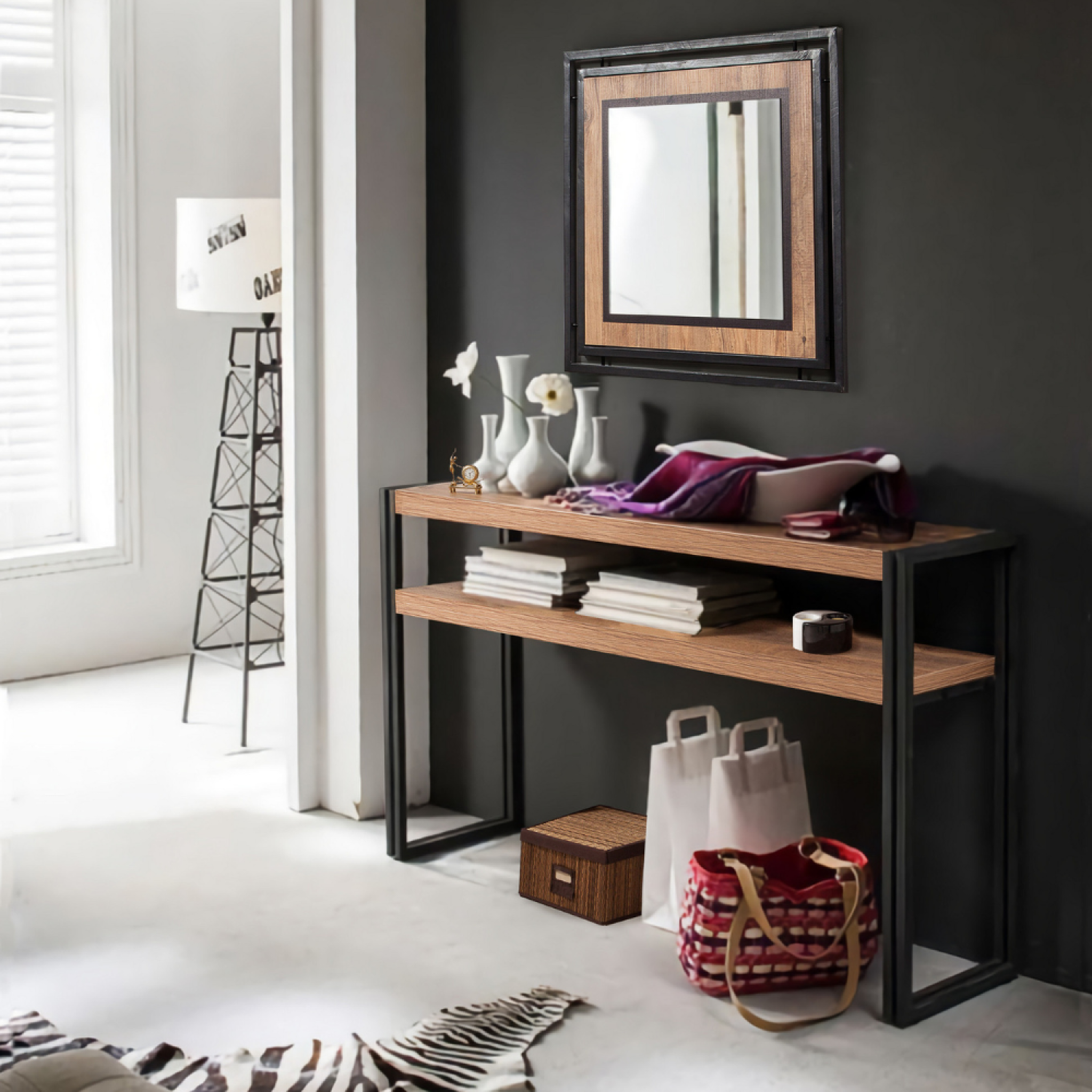 Voir la diapositive 2 : CONCEPT USINE Console style industriel - bois et noir - 140 cm HANKO