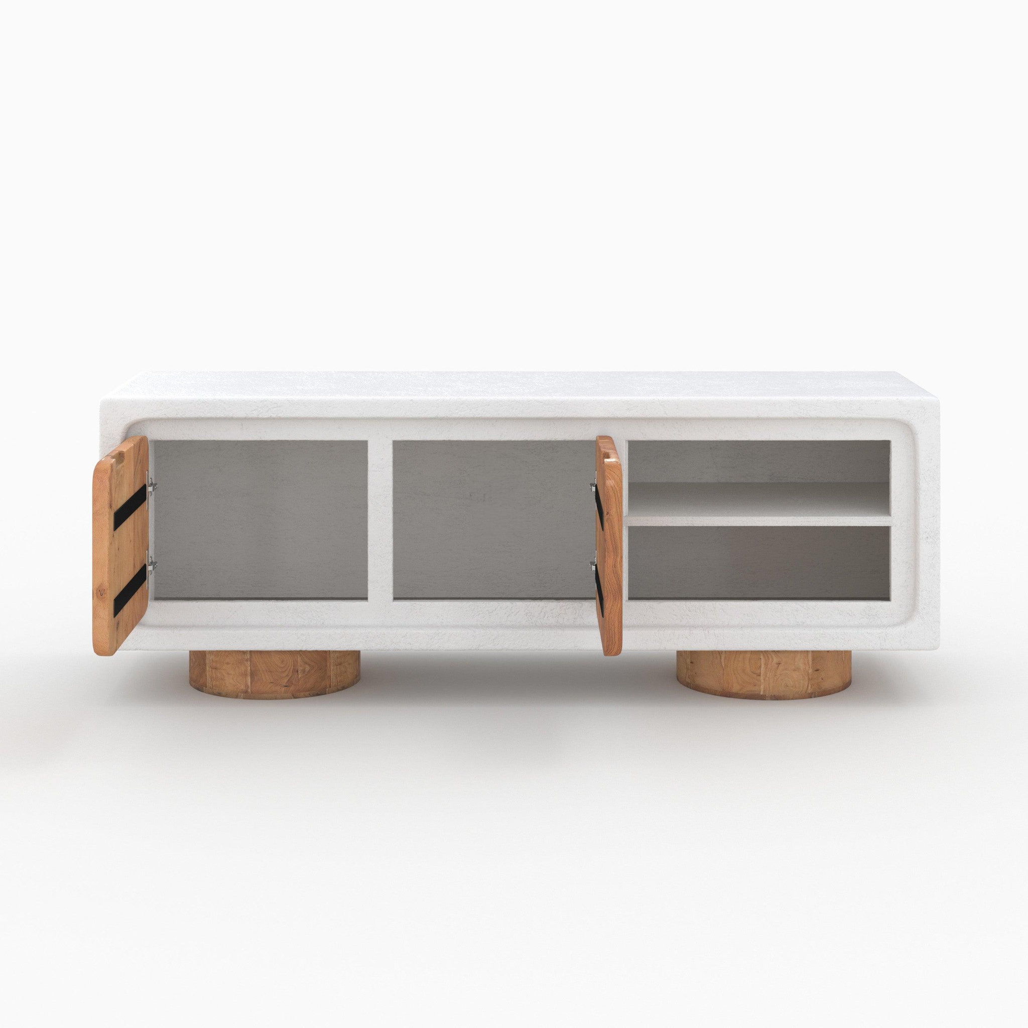 Voir la diapositive 6 : MAISON PAVANE Meuble tv en béton blanc cassé et bois d'acacia 150 cm-eden