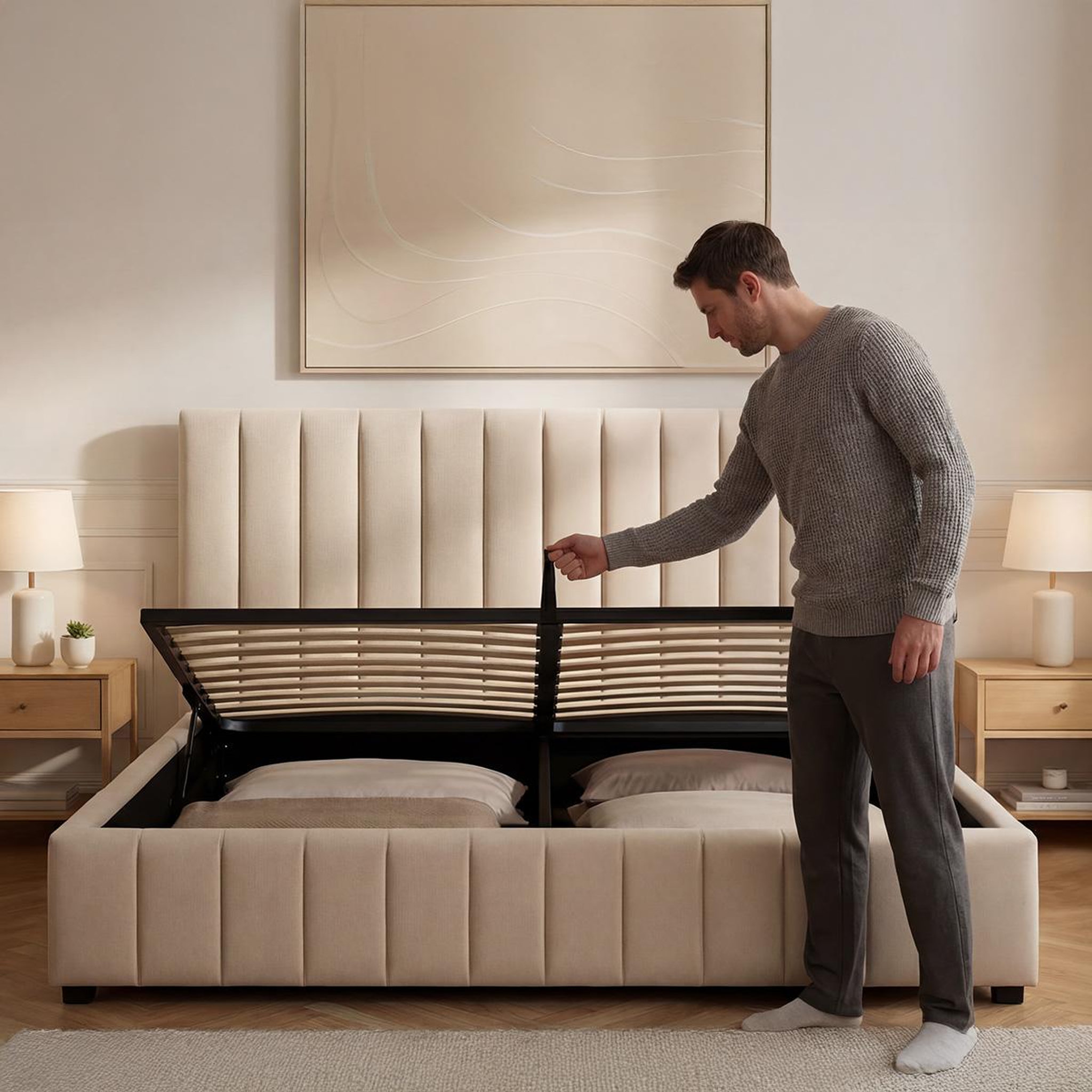 Voir la diapositive 4 : BELLECOUR Bellecour literie | lit coffre velours beige trocadero 2 places