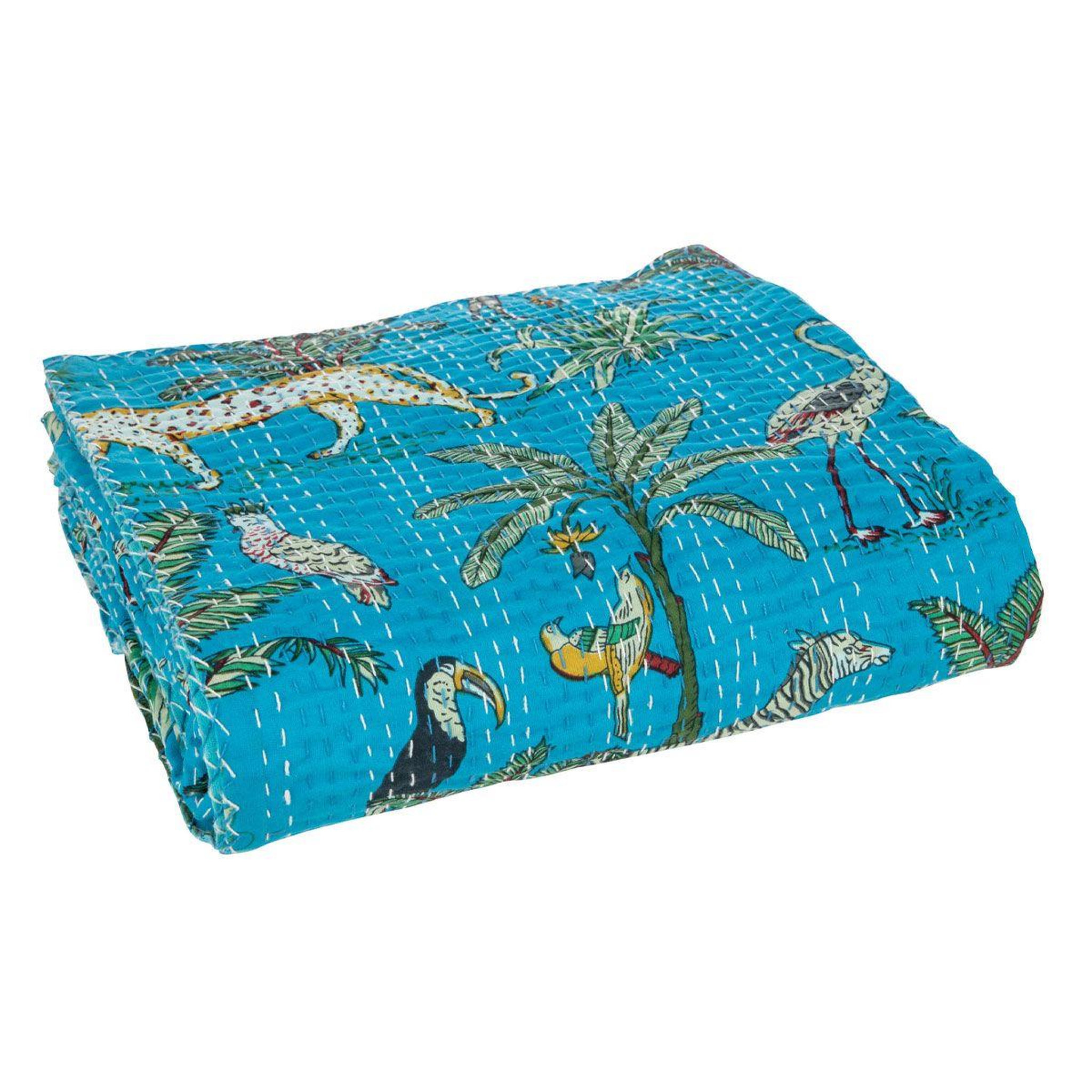 Voir la diapositive 1 : J-LINE Plaid en coton imprimé  exotique  220x270cm bleu