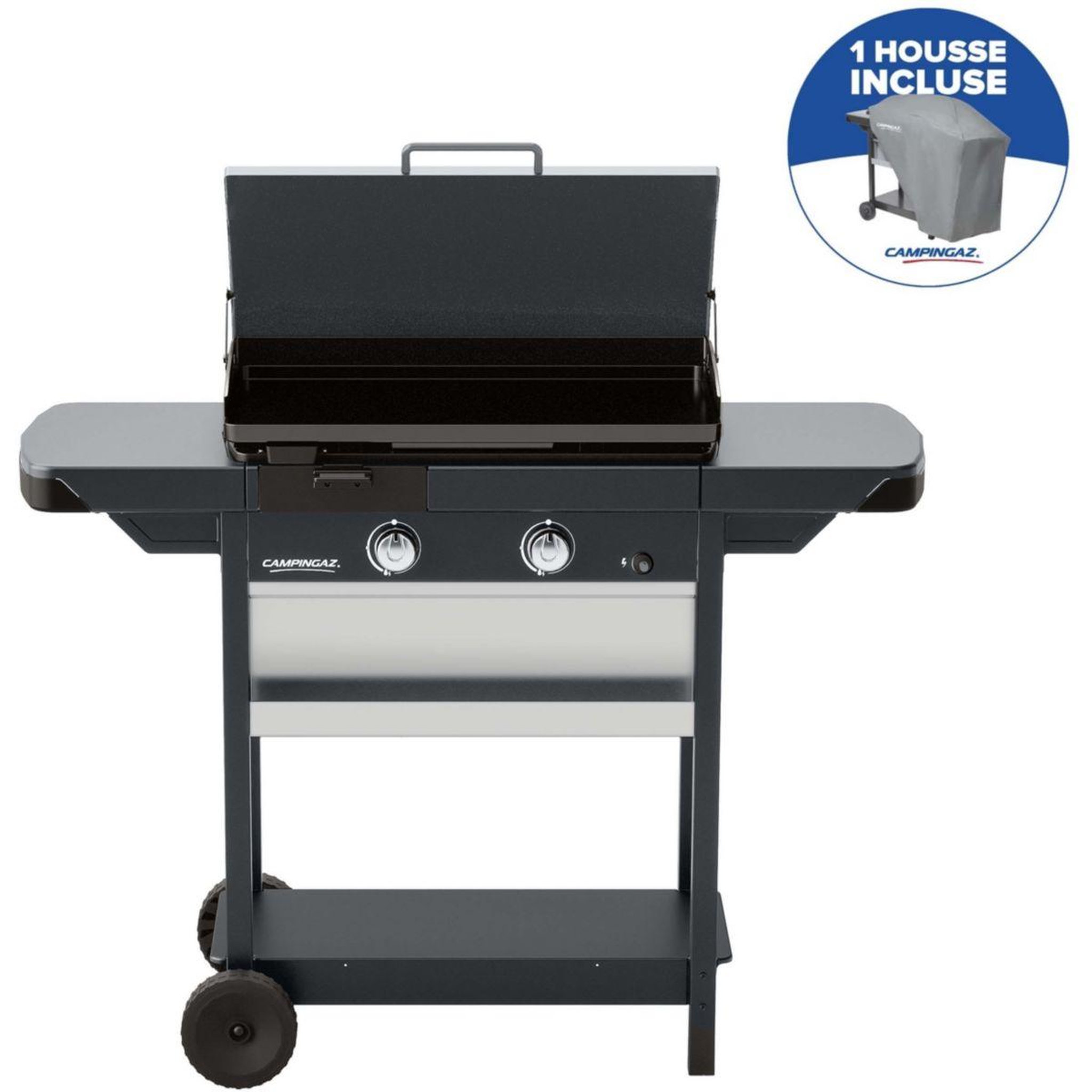 Voir la diapositive 4 : CAMPINGAZ Plancha gaz ex plus noir 2brûleurs sur chariot, 66x42cm + housse