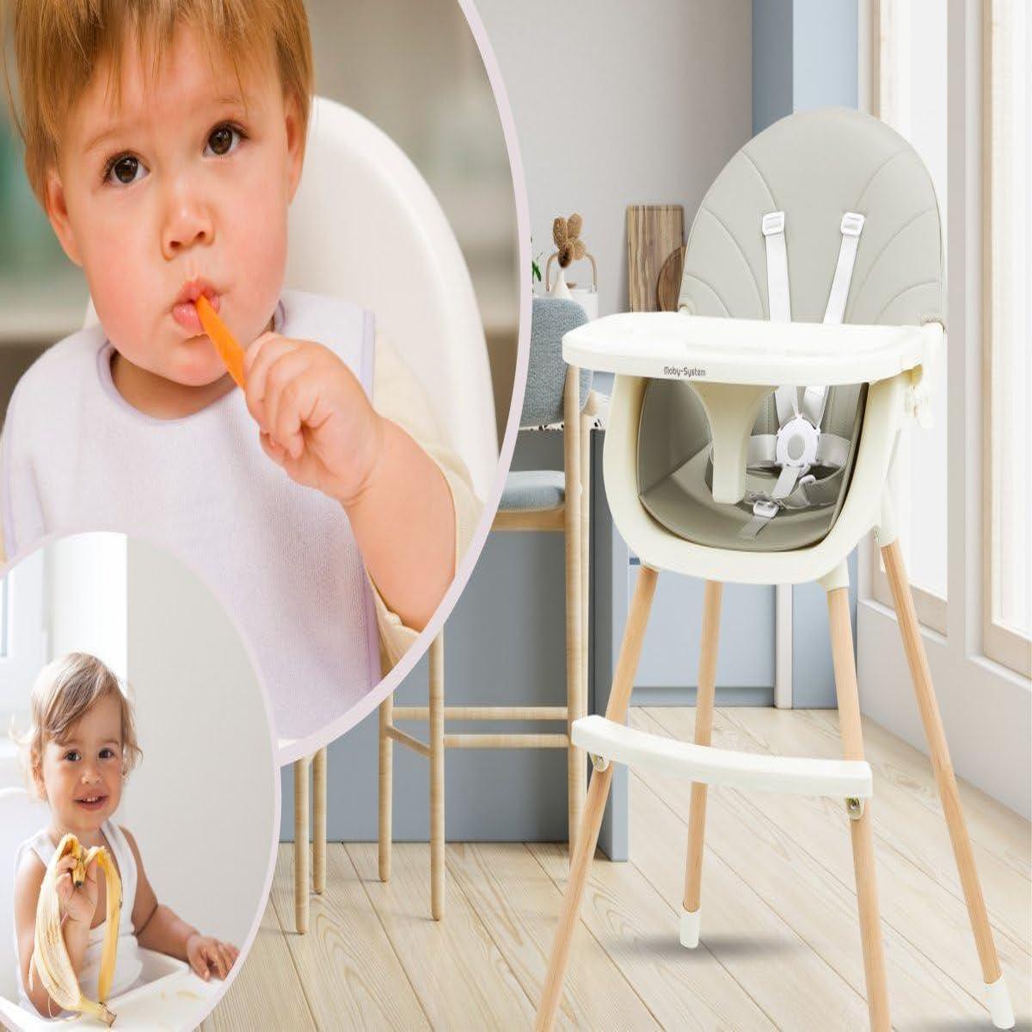 Voir la diapositive 2 : MOBY SYSTEM Chaise Haute Bébé +6 mois Evolutive, Chaise Enfant en Bois, 2 niveaux, poids max 25 Kg avec Plateau