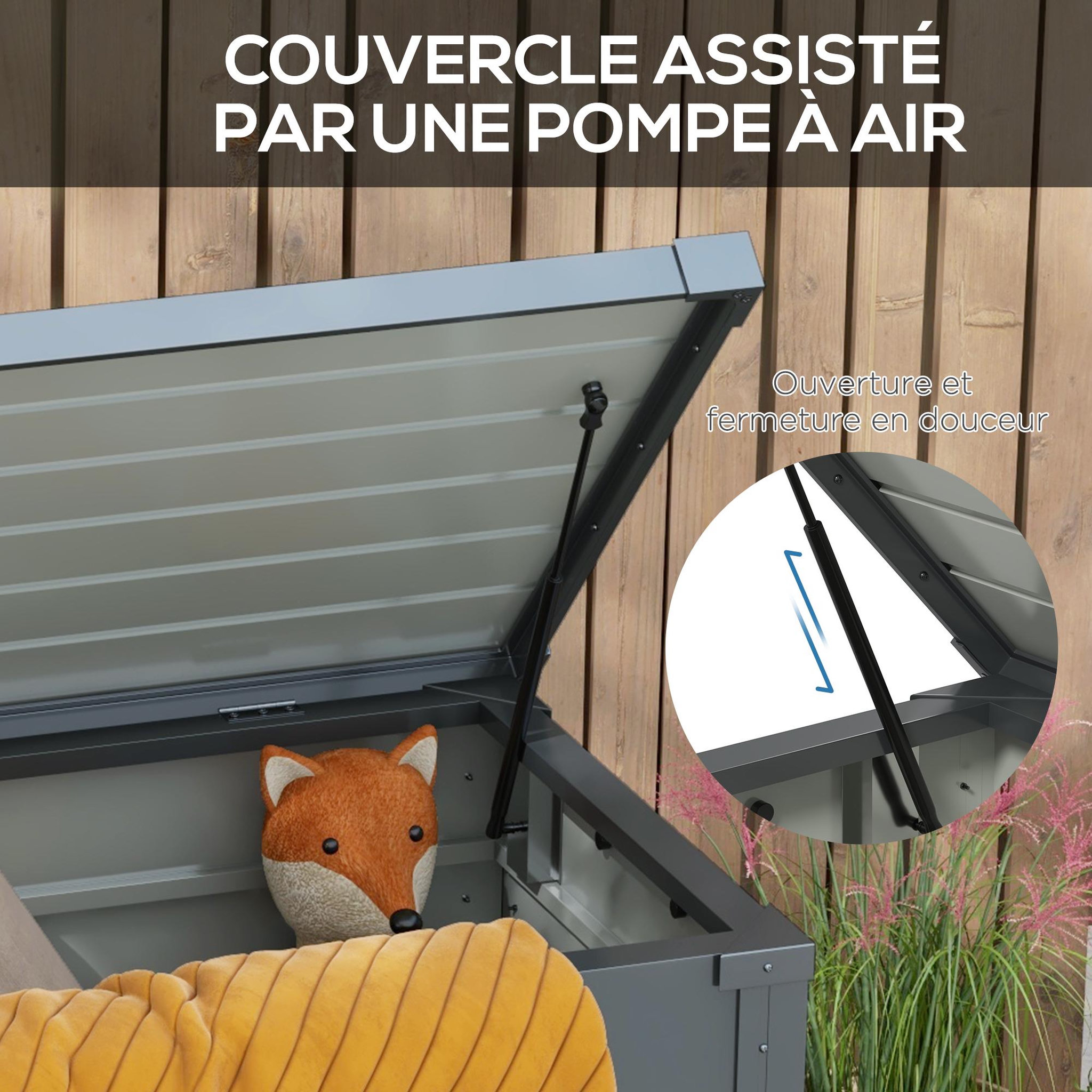 Voir la diapositive 6 : OUTSUNNY Coffre de jardin grande taille 311L verrouillable - roulettes, poignées, vérins gaz - acier anthracite