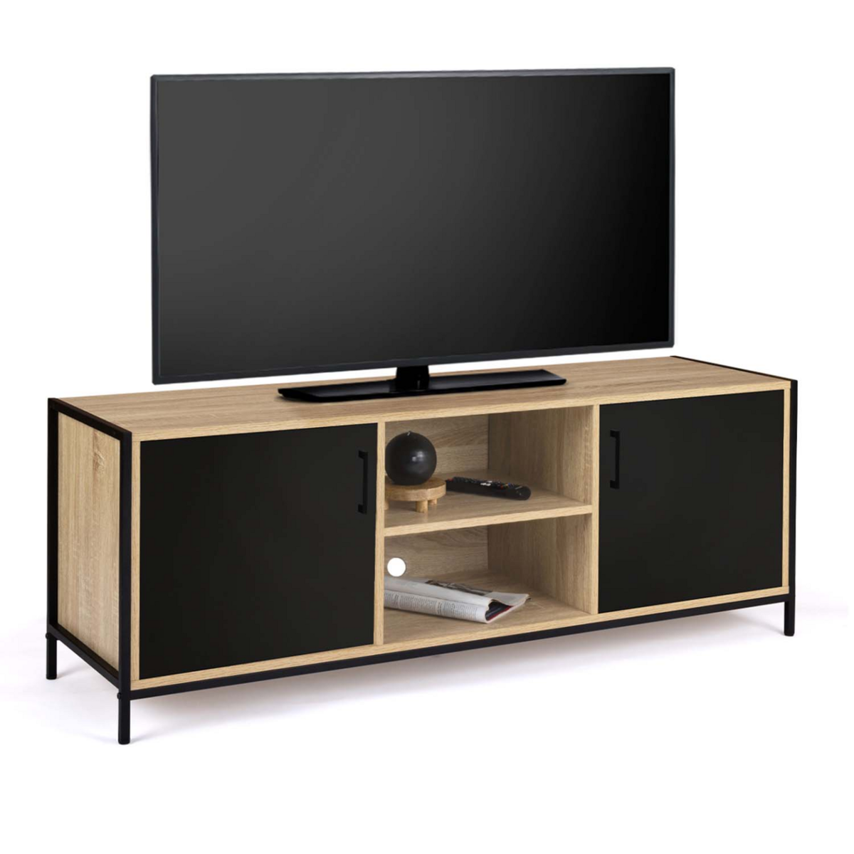 ID MARKET Meuble TV 140 cm BOSTON 2 portes noires design industriel