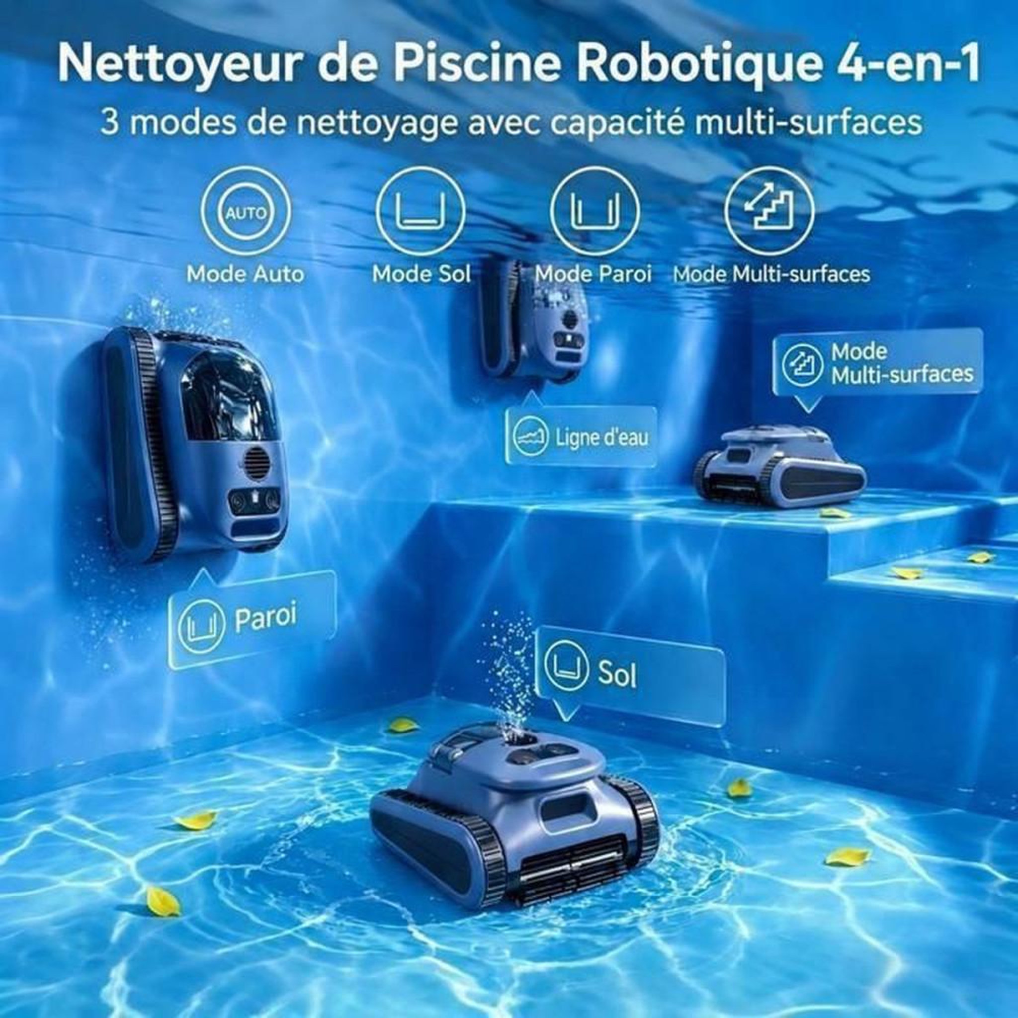 Voir la diapositive 5 : Nettoyeur de piscine robot sans fil, sols parois et marches, commande via appli, 180 min d'autonomie, jusqu'à 200 m²