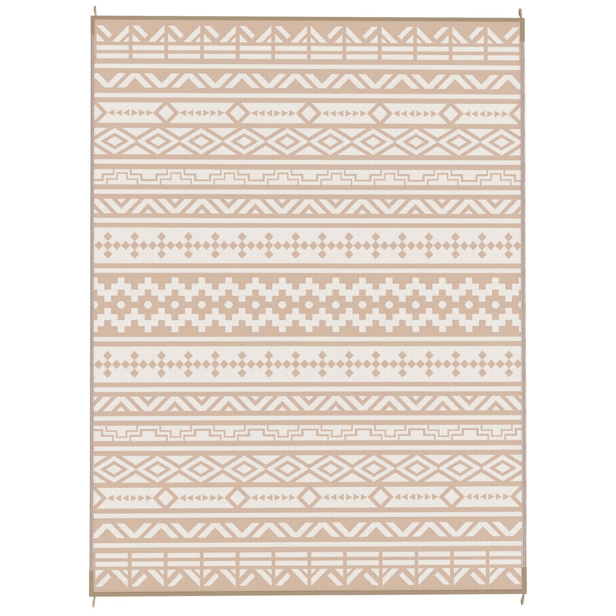 Voir la diapositive 1 : OUTSUNNY Tapis d'extérieur réversible motif graphique dim. 3,7 x 2,7 m sac transport inclus kaki beige