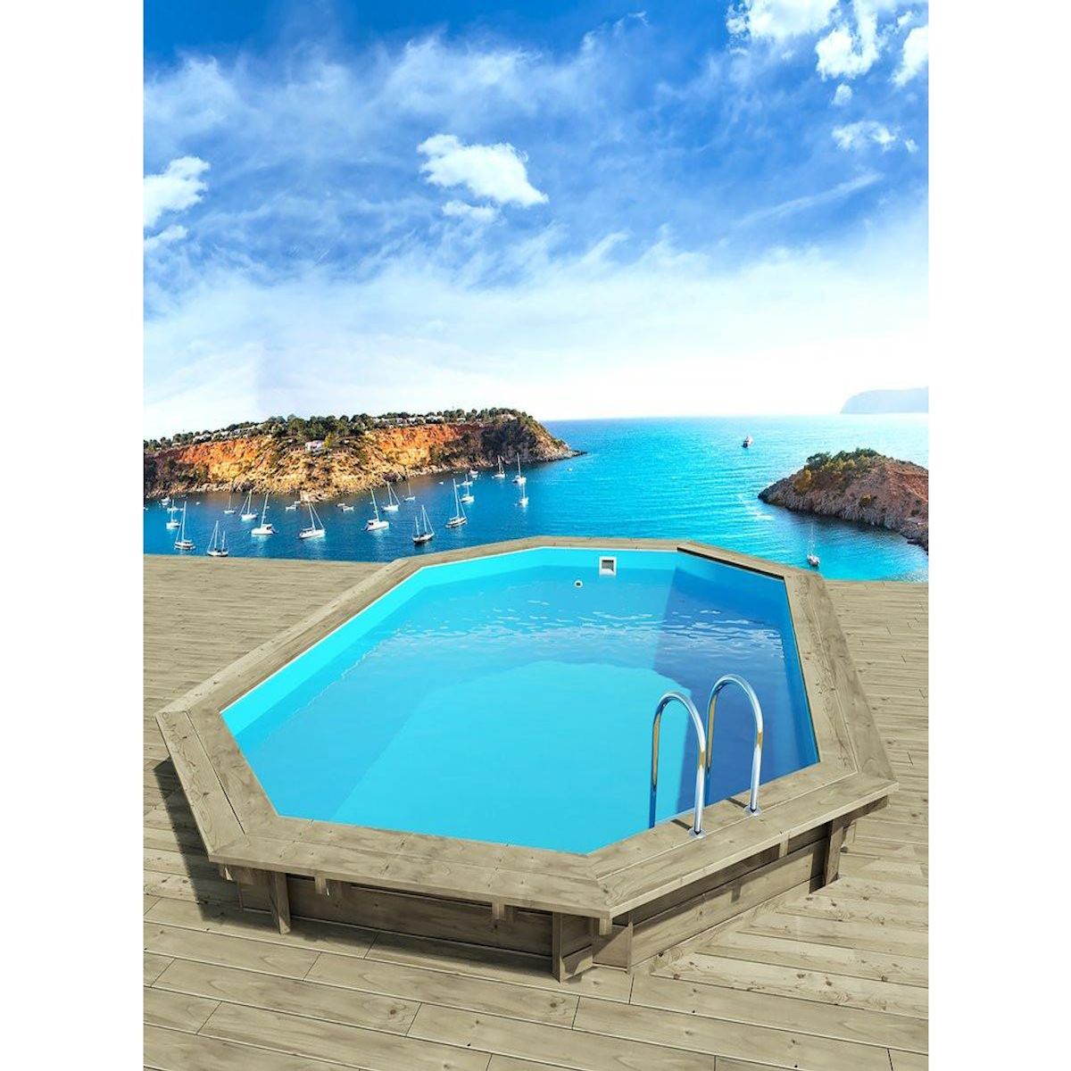 Habitat et Jardin Piscine bois   Miami 145    - 4.86 x 3.36 x 1.45 m + Mini pompe à chaleur 3.5kW - Métal - Gris