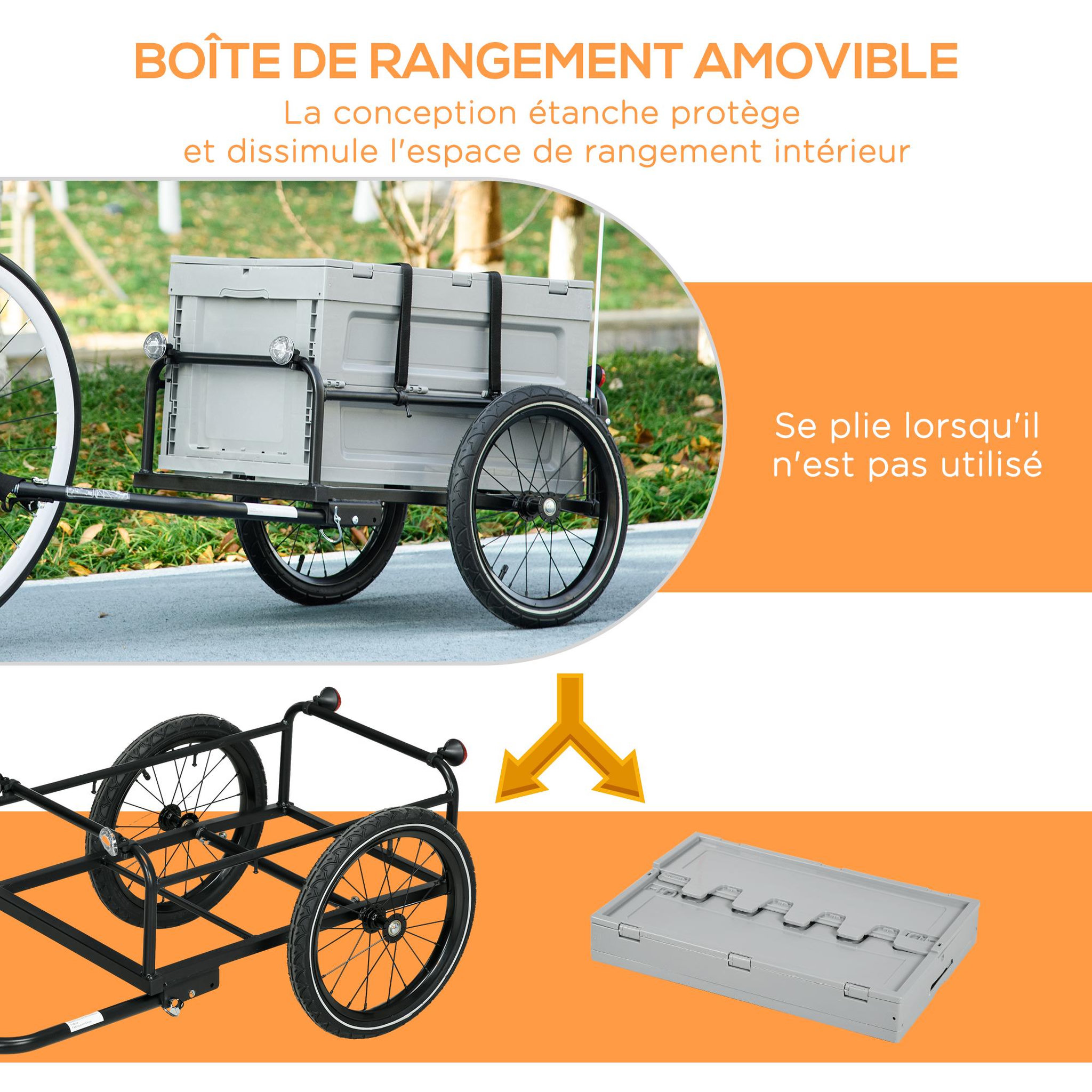Voir la diapositive 4 : OUTSUNNY Remorque à vélo pliable avec coffre de rangement charge max. 40 Kg gris
