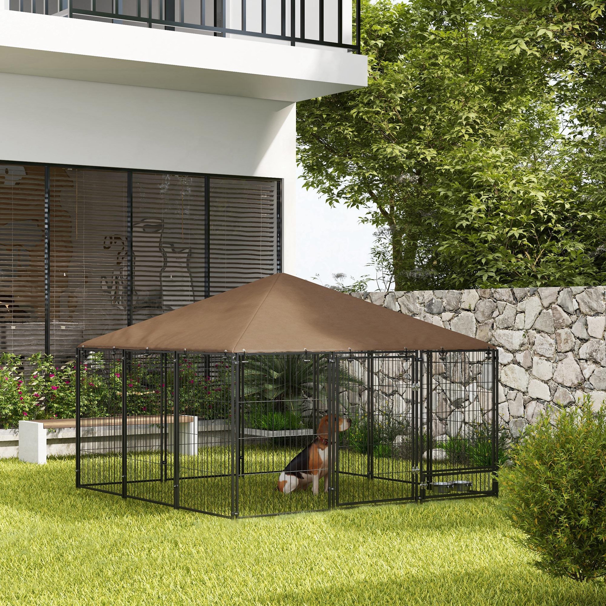 Voir la diapositive 2 : PAWHUT Chenil extérieur couvert pour chien 2 supports gamelles rotatifs porte verouillable acier noir