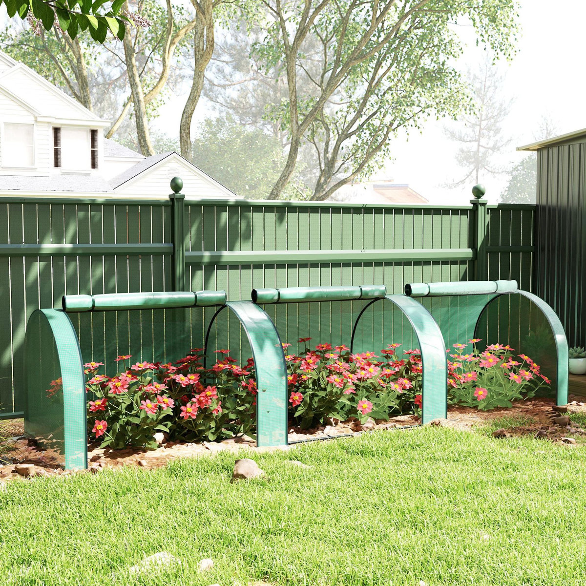 OUTSUNNY Serre tunnel 3 fenêtres enroulables acier PE vert