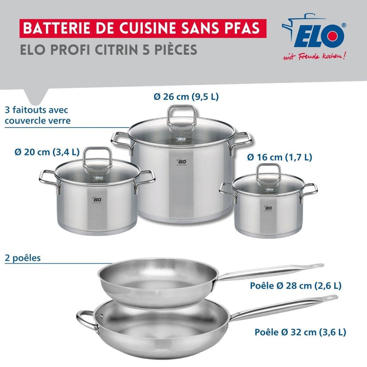 666 Barcelona Ensemble de 2 Poêles de cuisson 28 et 32 cm et 3 faitouts 16, 20 et 26 cm Elo Profi Citrin