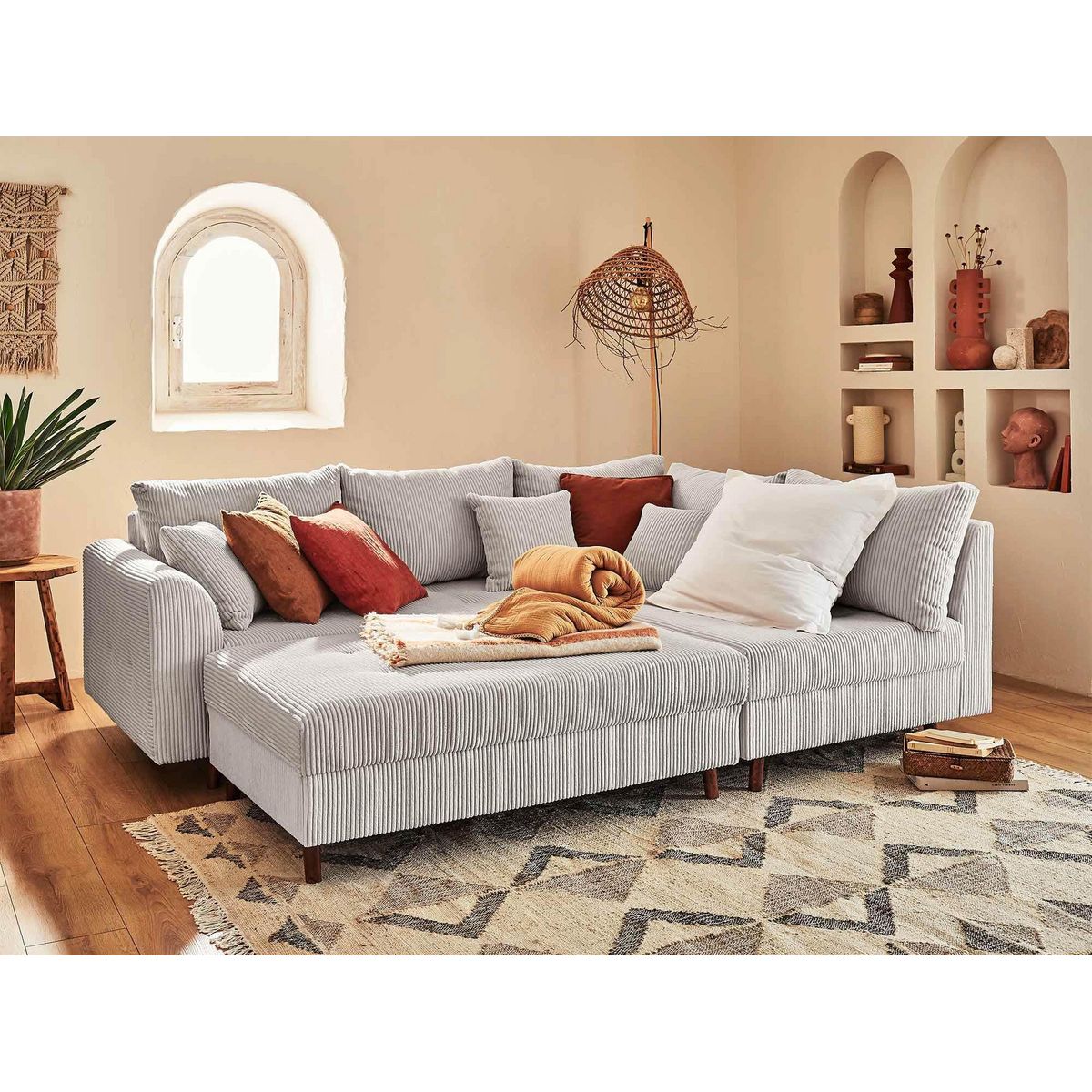 LISA DESIGN Rune - canapé d'angle droit - 4 places - avec pouf d'appoint - en velours côtelé