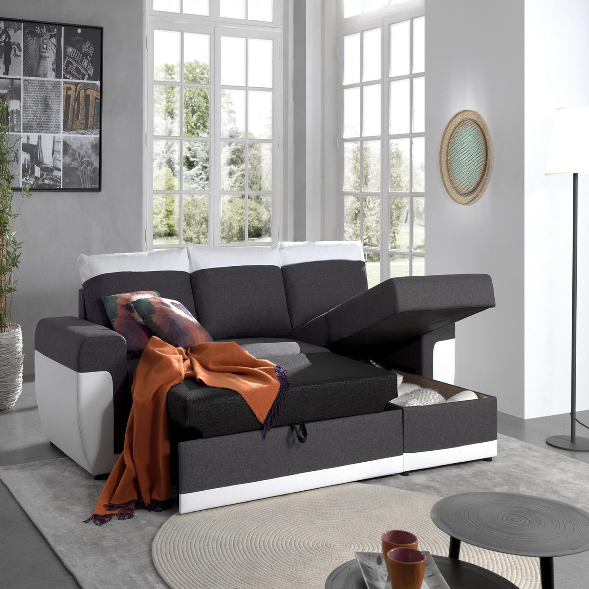 Voir la diapositive 3 : BEST MOBILIER Milan - canapé d'angle réversible - 4 places - convertible avec coffre - en simili et tissu