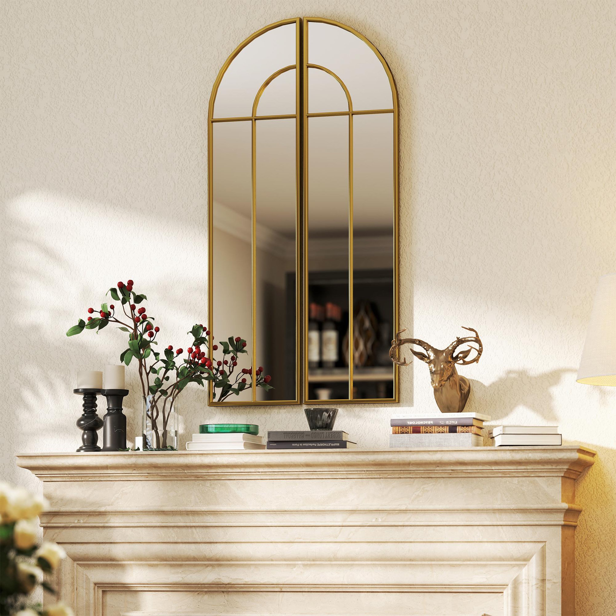 Voir la diapositive 4 : HOMCOM Miroir mural style verrière dim. panneau 30 x 120 cm métal doré verre