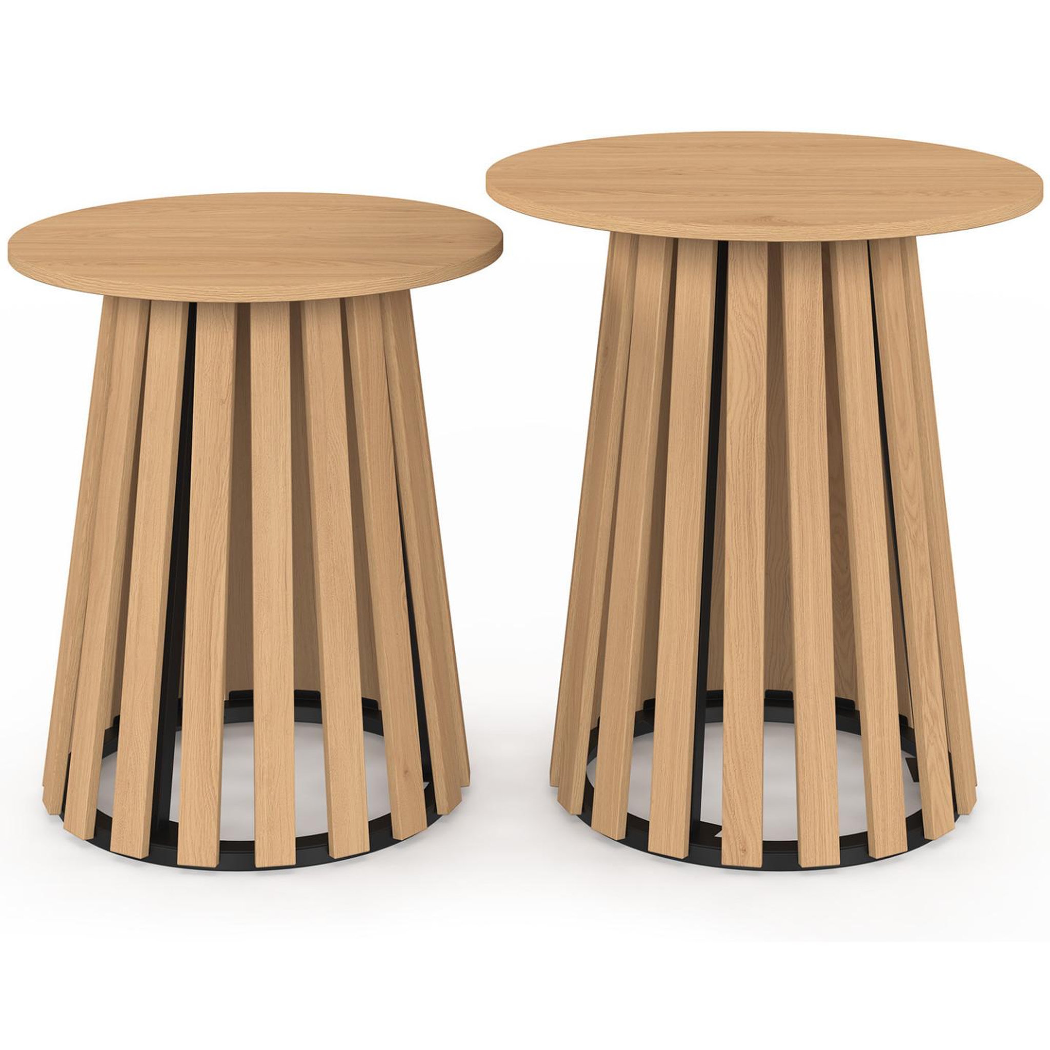Voir la diapositive 3 : ID MARKET Lot de 2 tables d'appoint rondes, bouts de canapé, tables de chevet carmen 40/45 cm pied bois en lattes et plateau bois